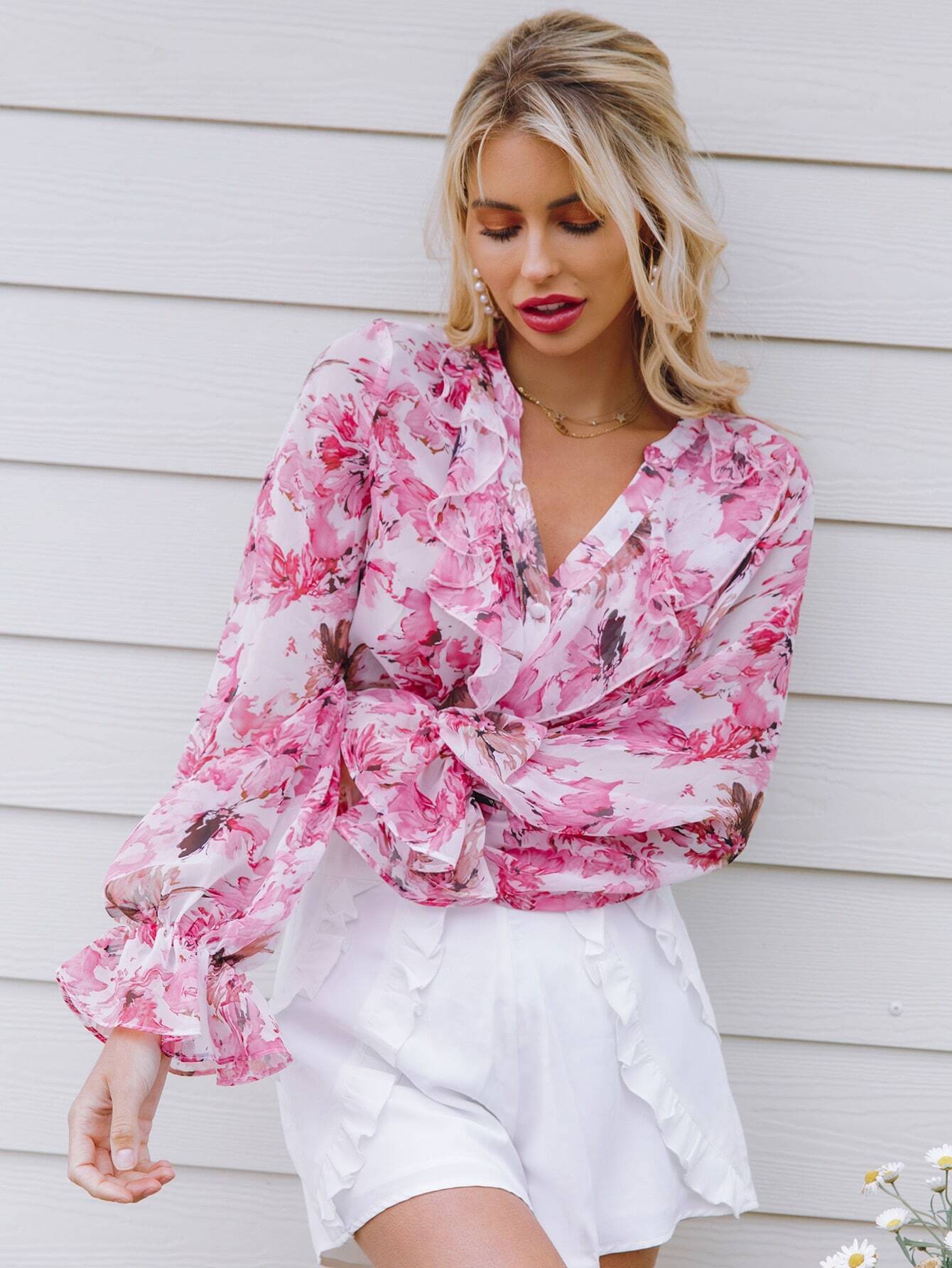 EMERY ROSE Top mit Raffungsaum und Blumen Muster