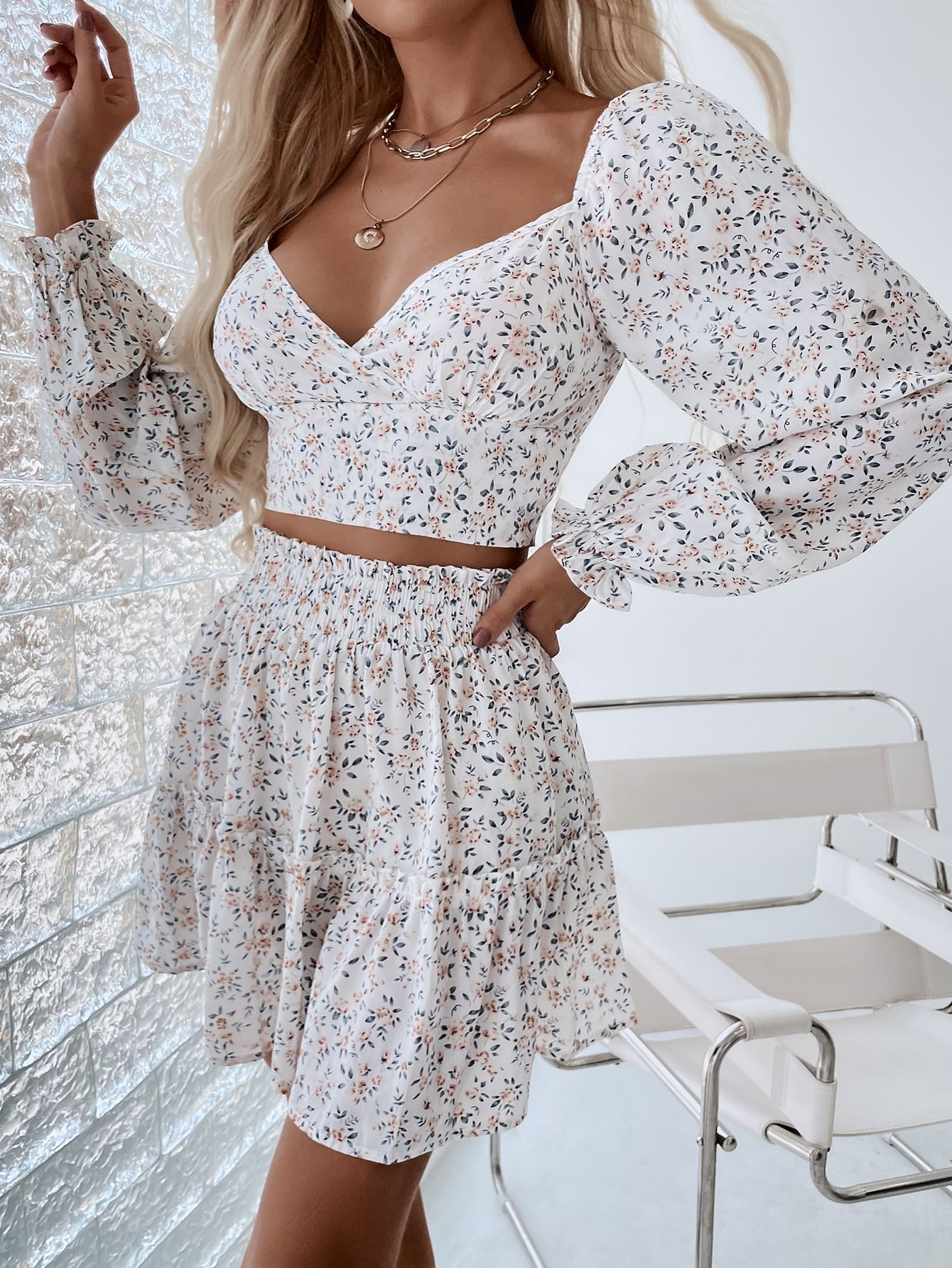 Blümchen Muster, Sweetheart Ausschnitt, Volant Ärmeln Top & Rüschen Rock