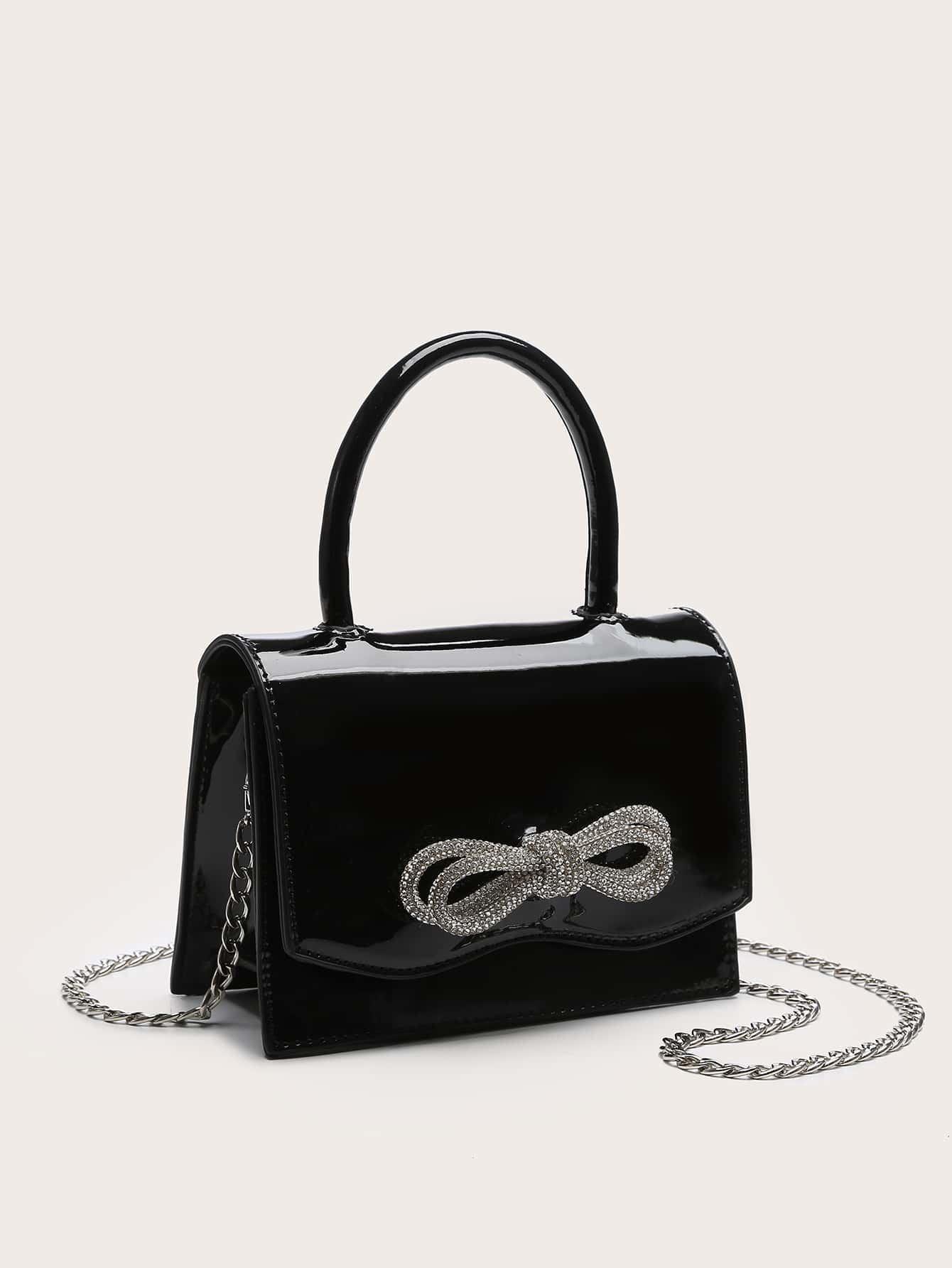 Quadratische Tasche mit Mini Strass, & Schleife Dekor, PU Klappe, für Täglich