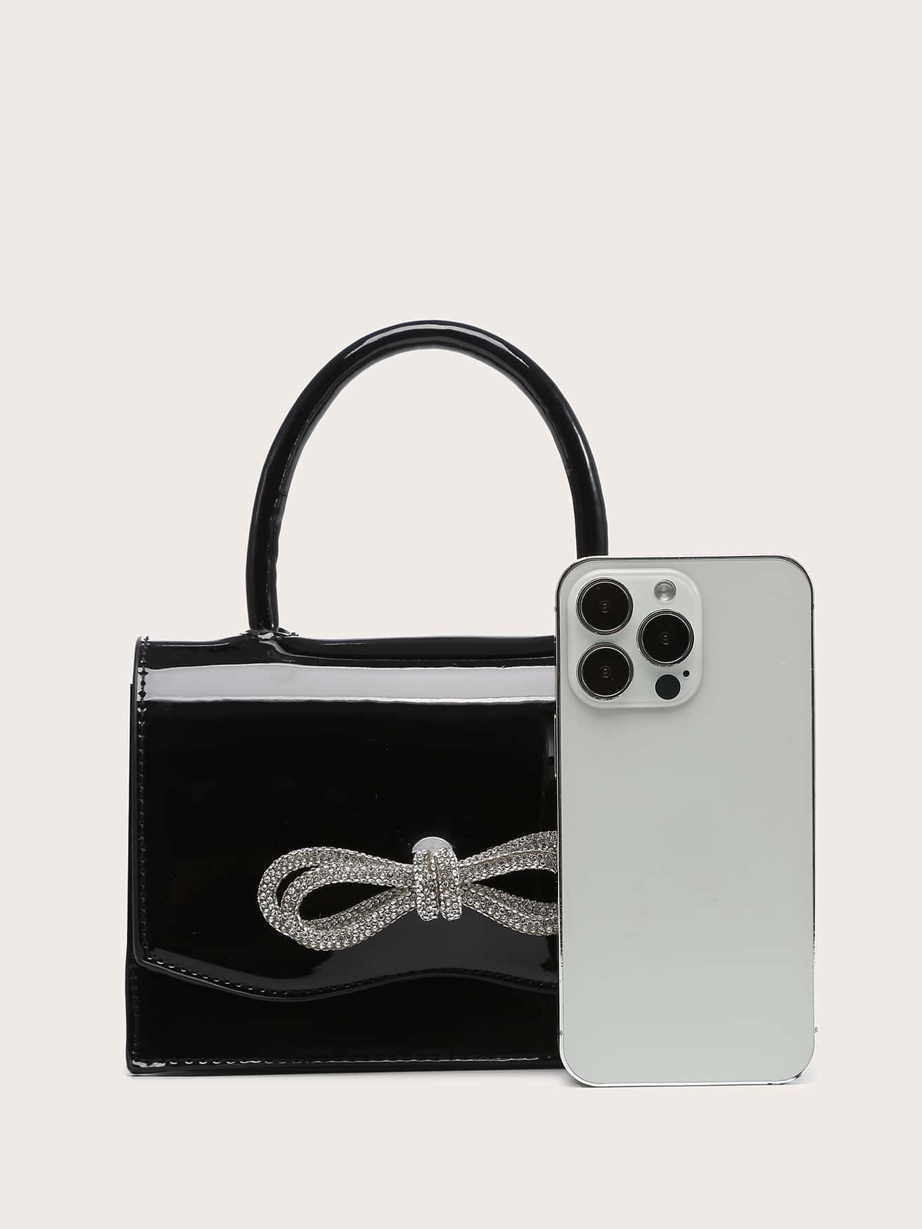 Quadratische Tasche mit Mini Strass, & Schleife Dekor, PU Klappe, für Täglich