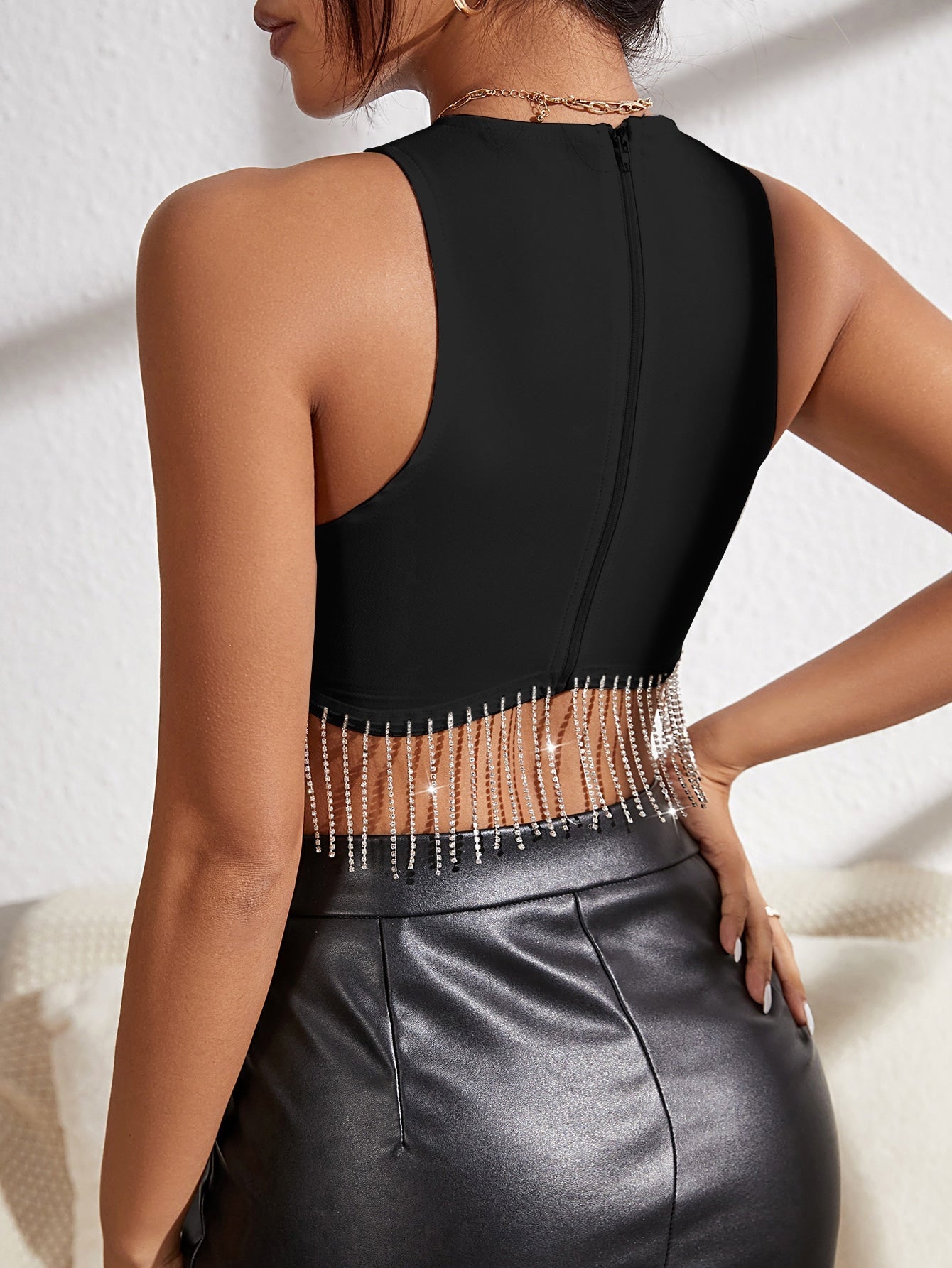 TRENDING Tank Top mit Strass, Fransen, Reißverschluss hinten