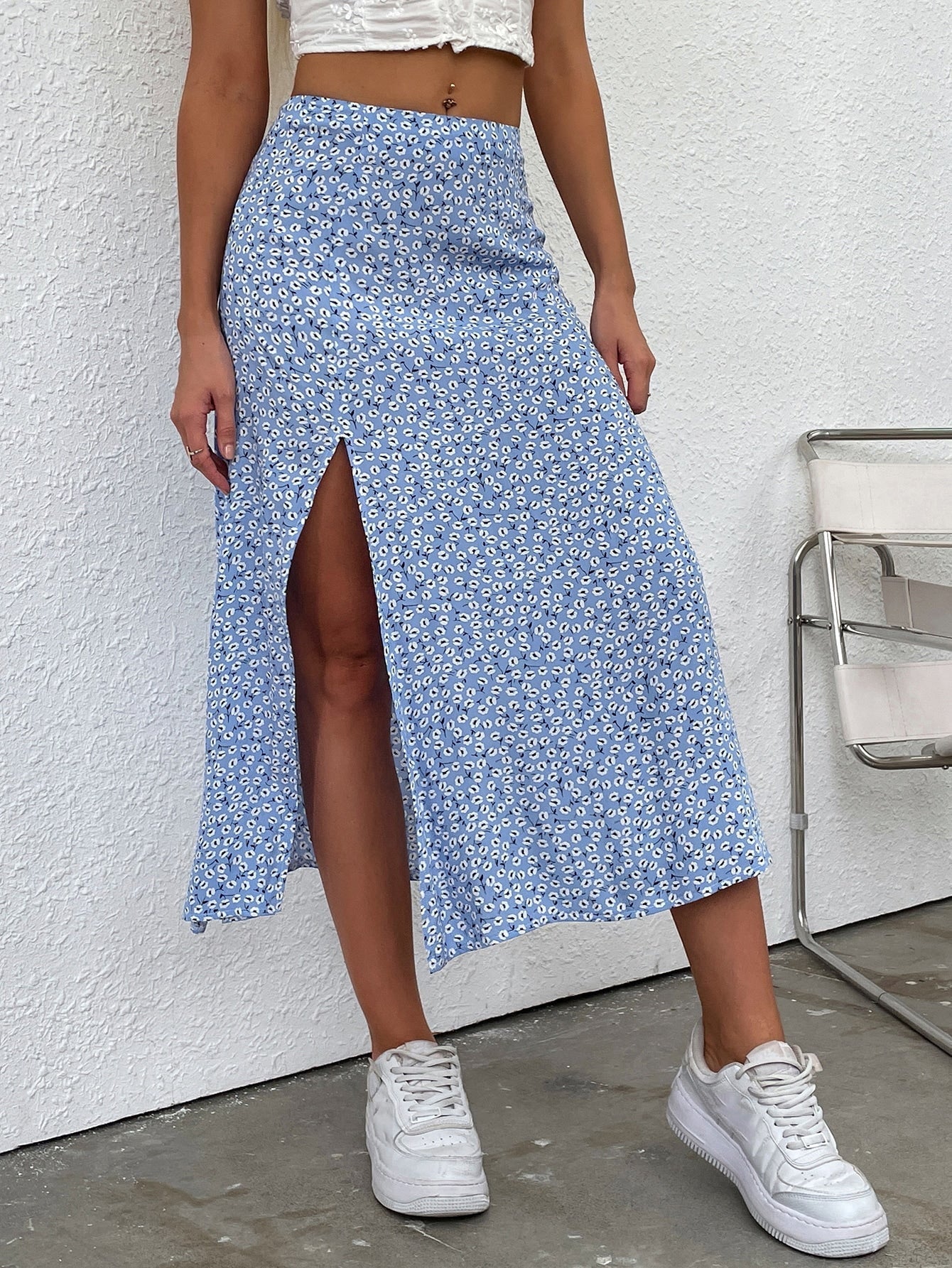 Rock mit Blümchen Muster, Schlitz (50% RABATT)