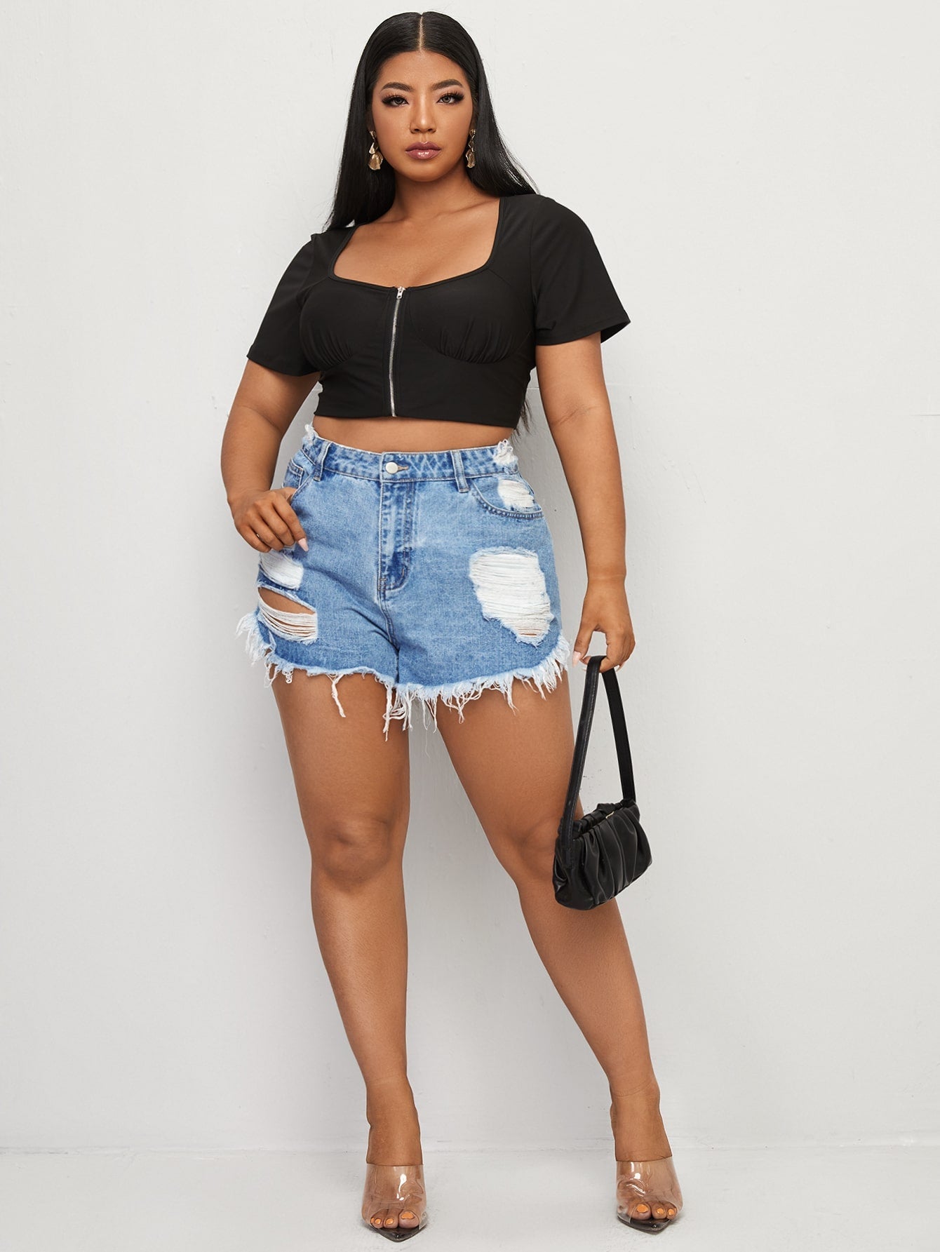 Plussize Denim Shorts mit Riss, unbearbeitetem Saum