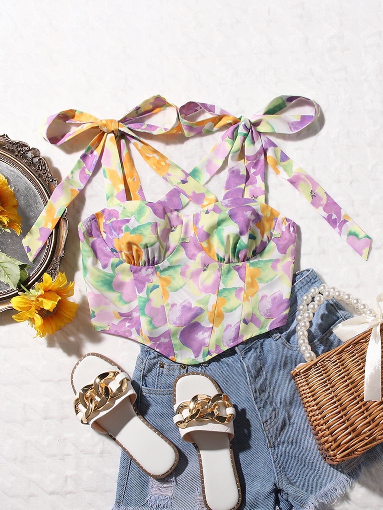 Top mit Blume Muster, Knoten auf Schulter, Rüschen