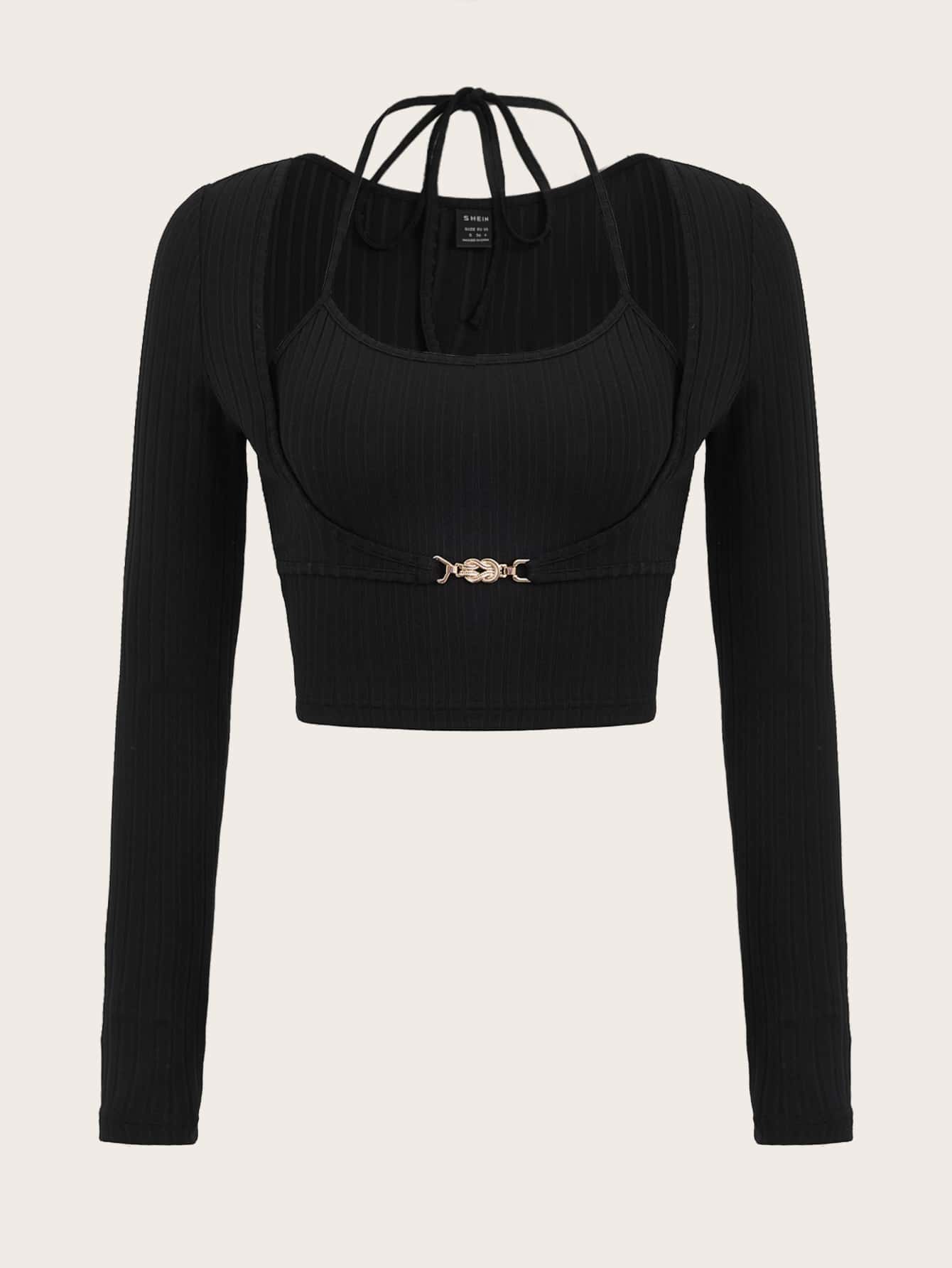 Crop T-Shirt mit Rippenstrick Kette, vorne, Band hinten