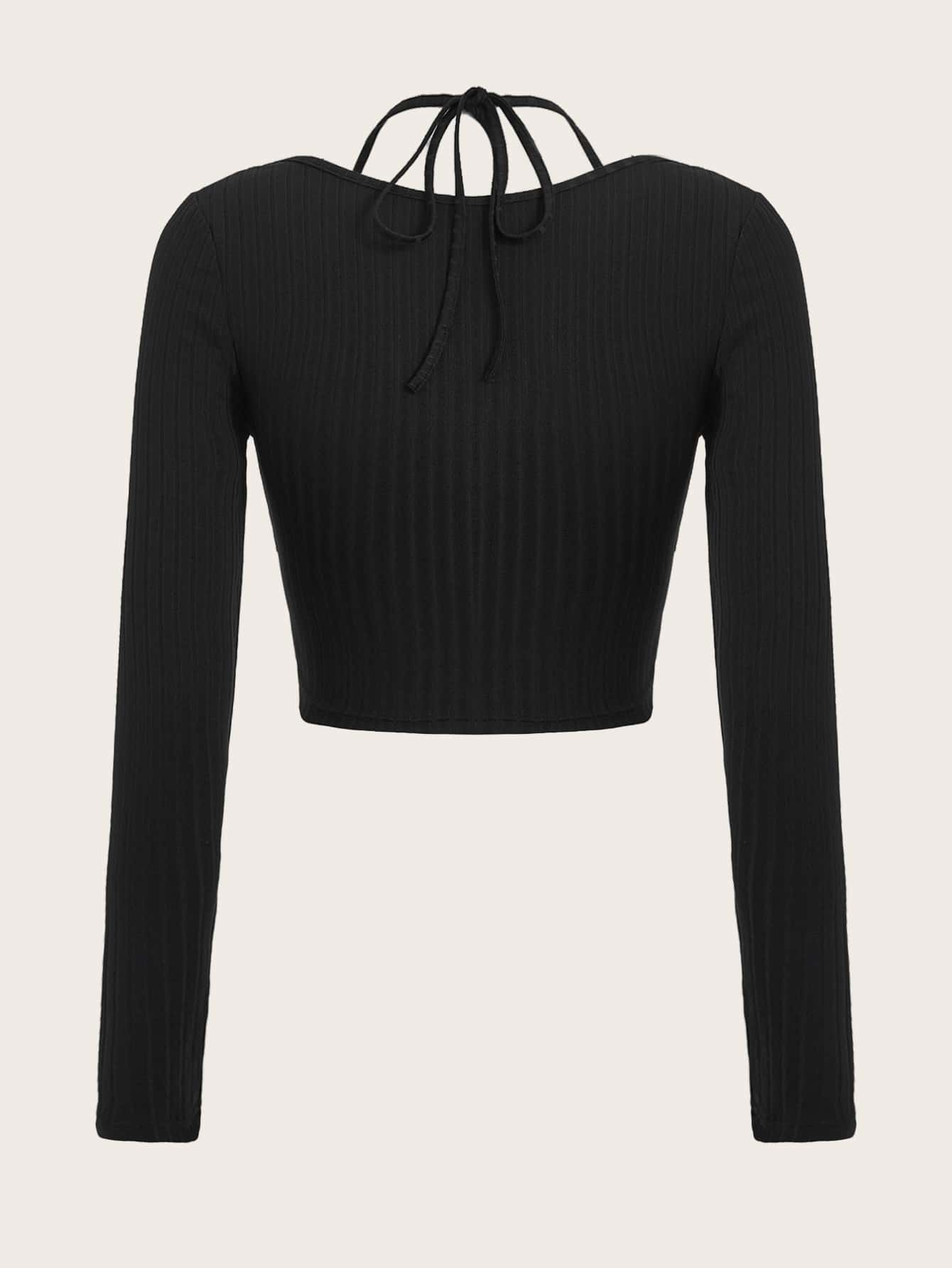 Crop T-Shirt mit Rippenstrick Kette, vorne, Band hinten