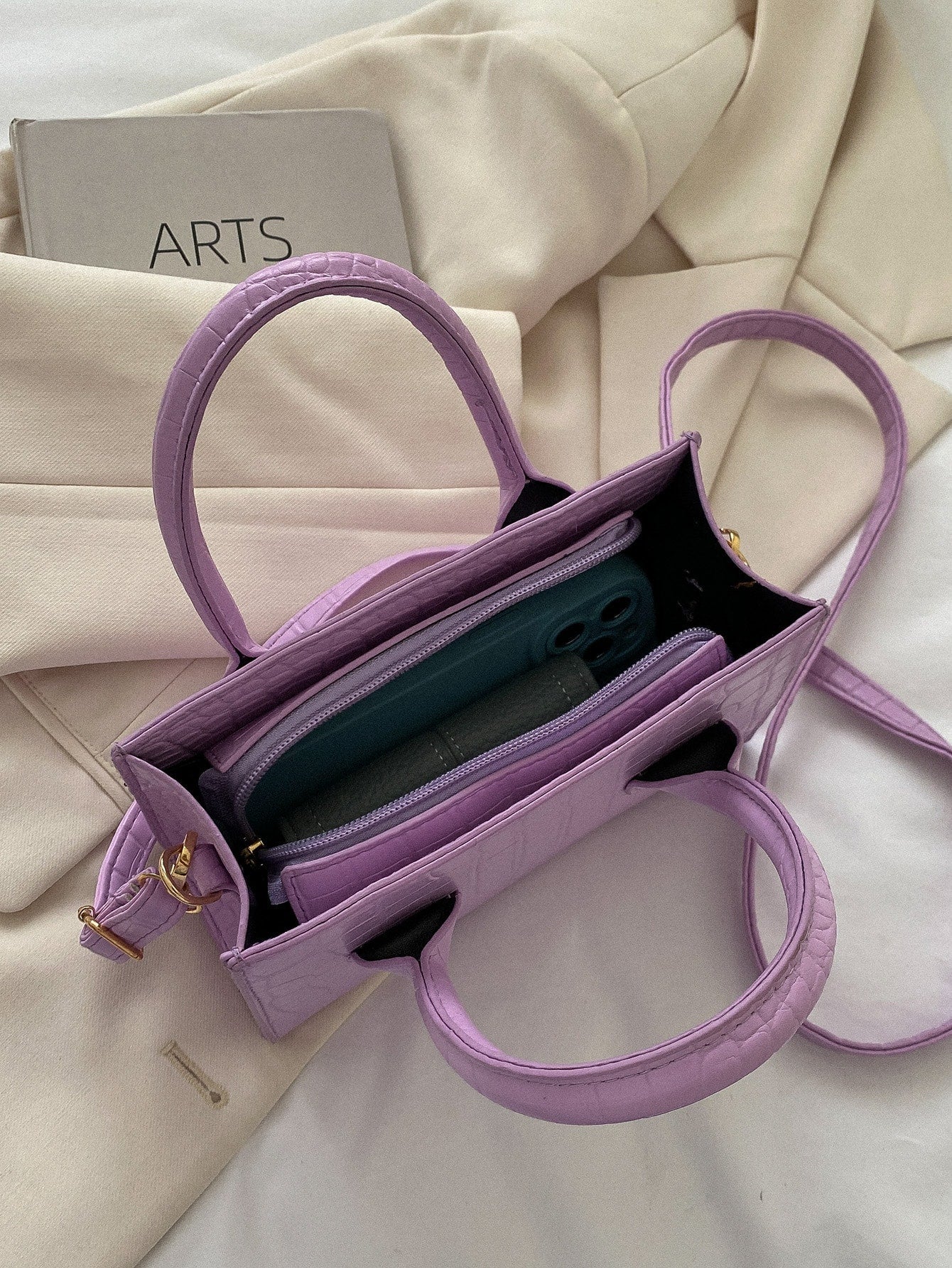 Quadratische Tasche mit Krokodil Prägung, Doppelgriff