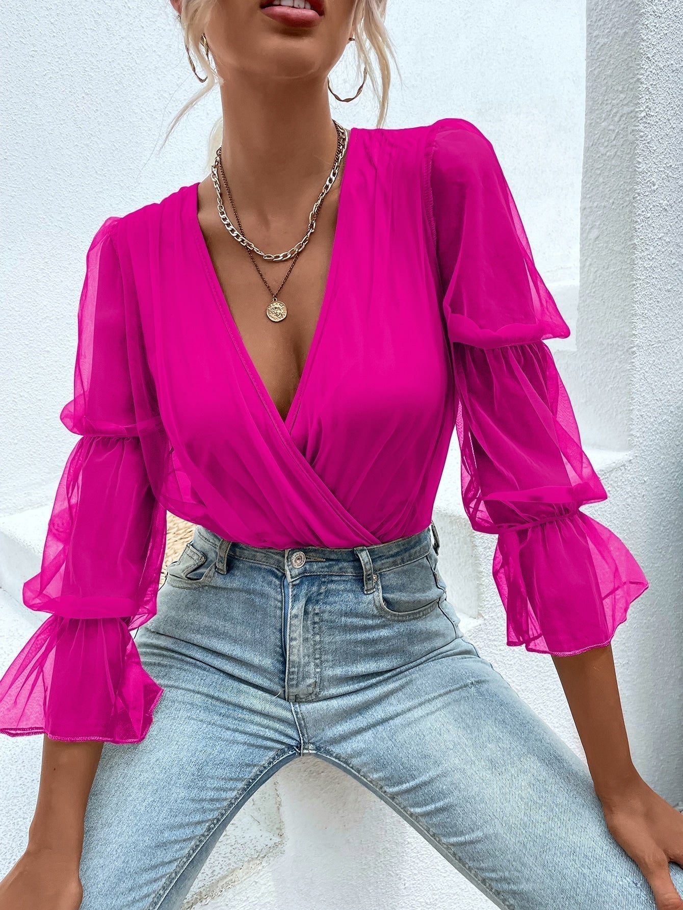 Body mit Kontrast Netzstoff, Versammelt Volant Ärmeln