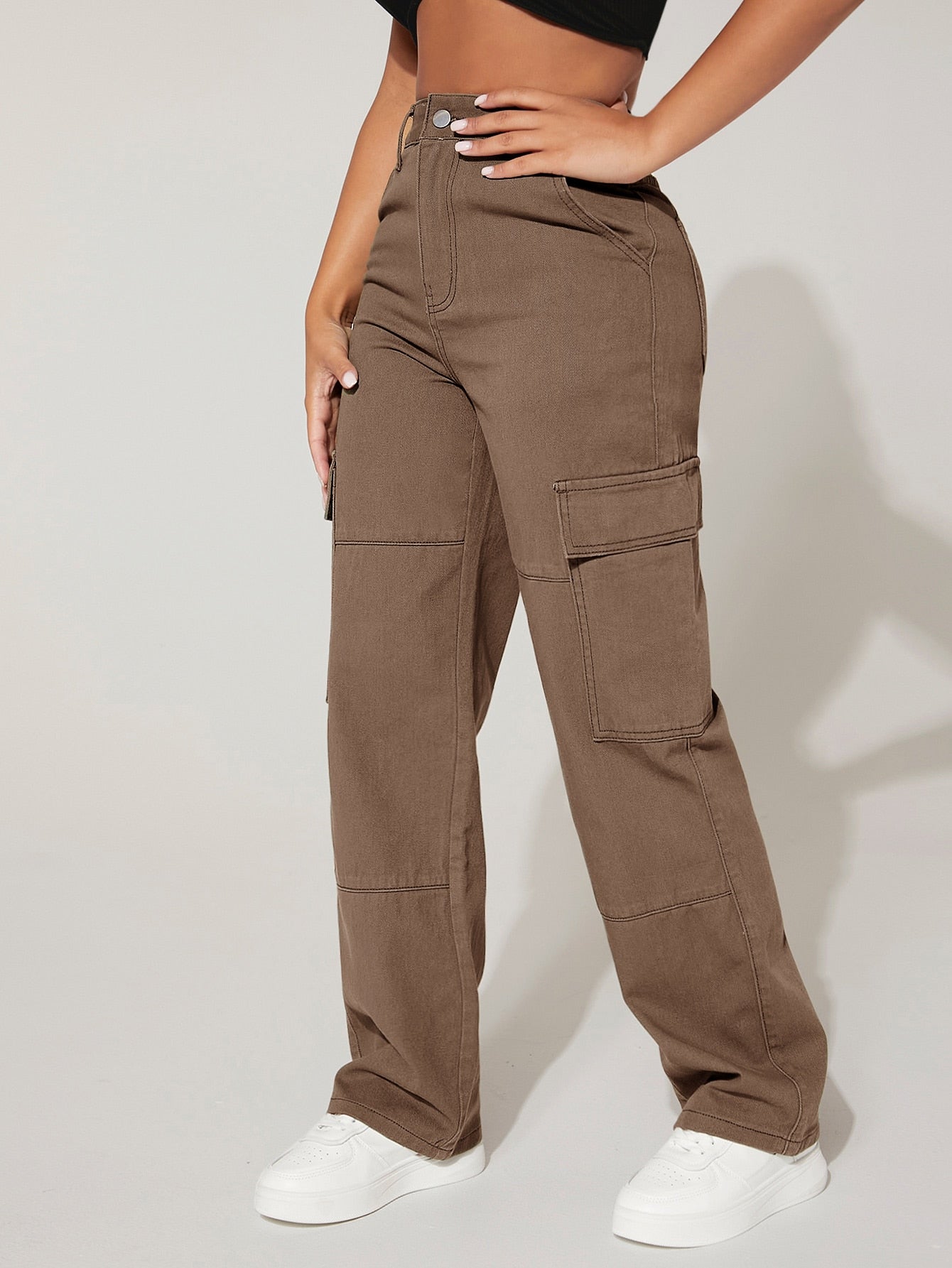 PETITE Cargo Jeans mit hoher Taille, Pattentasche