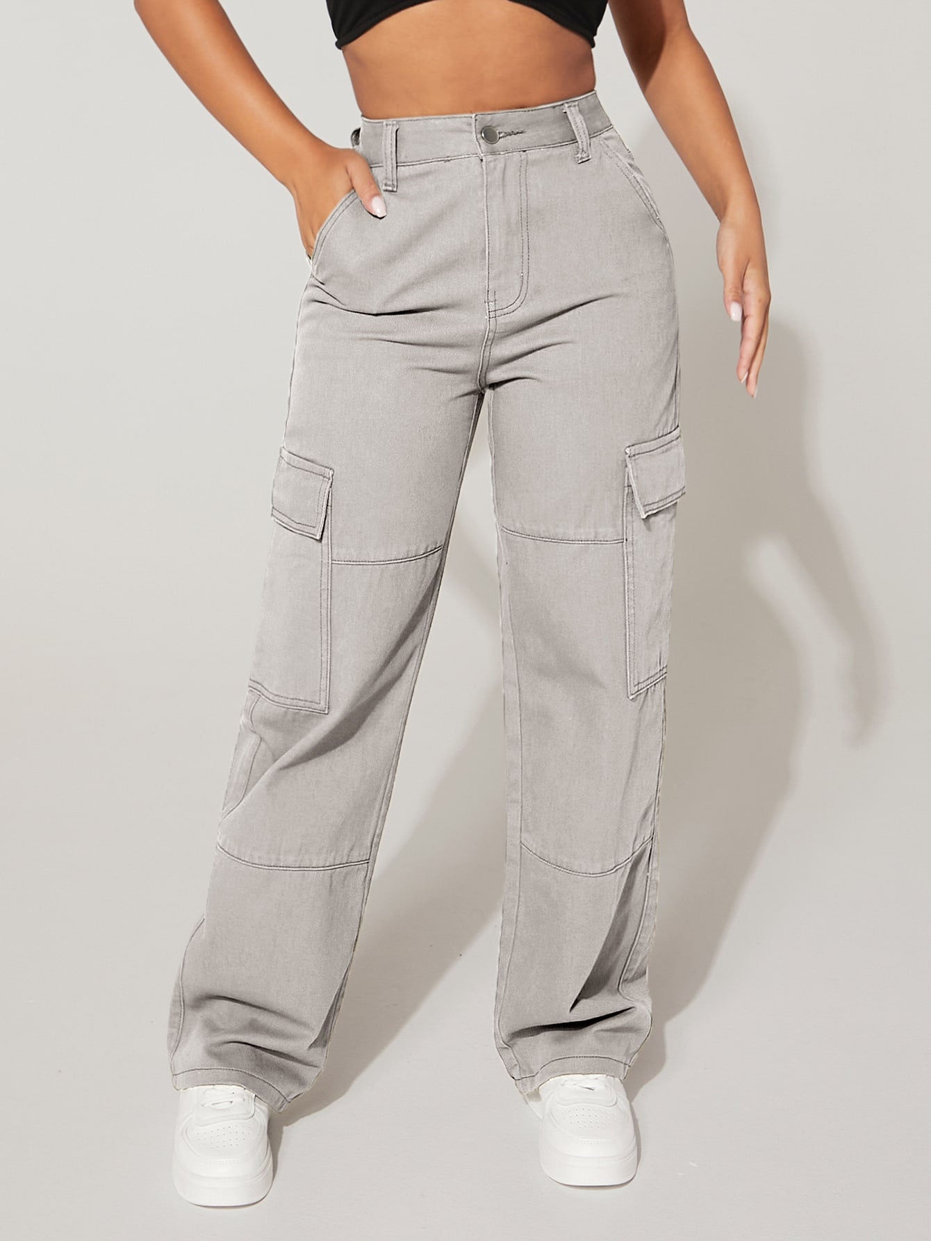 PETITE Cargo Jeans mit hoher Taille, Pattentasche