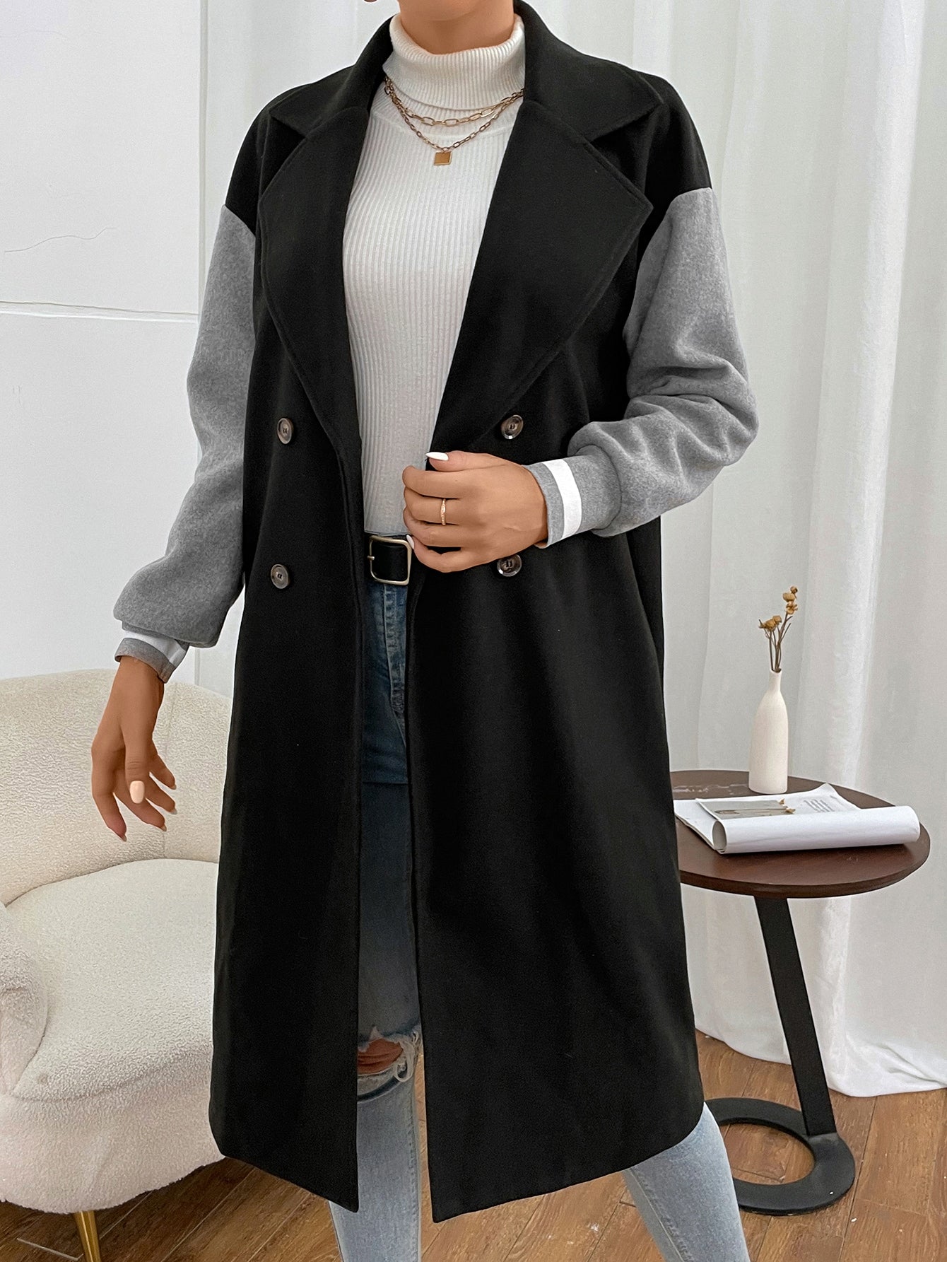 Mantel mit Farbblock, Drop Shoulder doppelten Knopfleisten