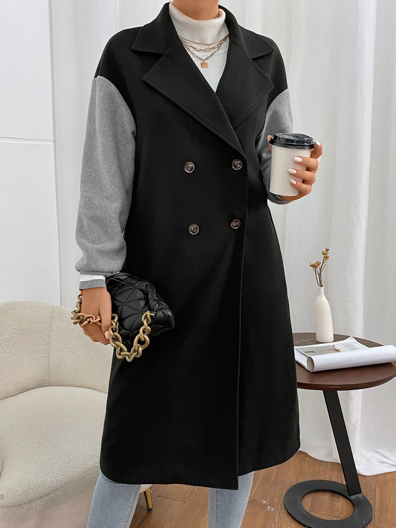 Mantel mit Farbblock, Drop Shoulder doppelten Knopfleisten