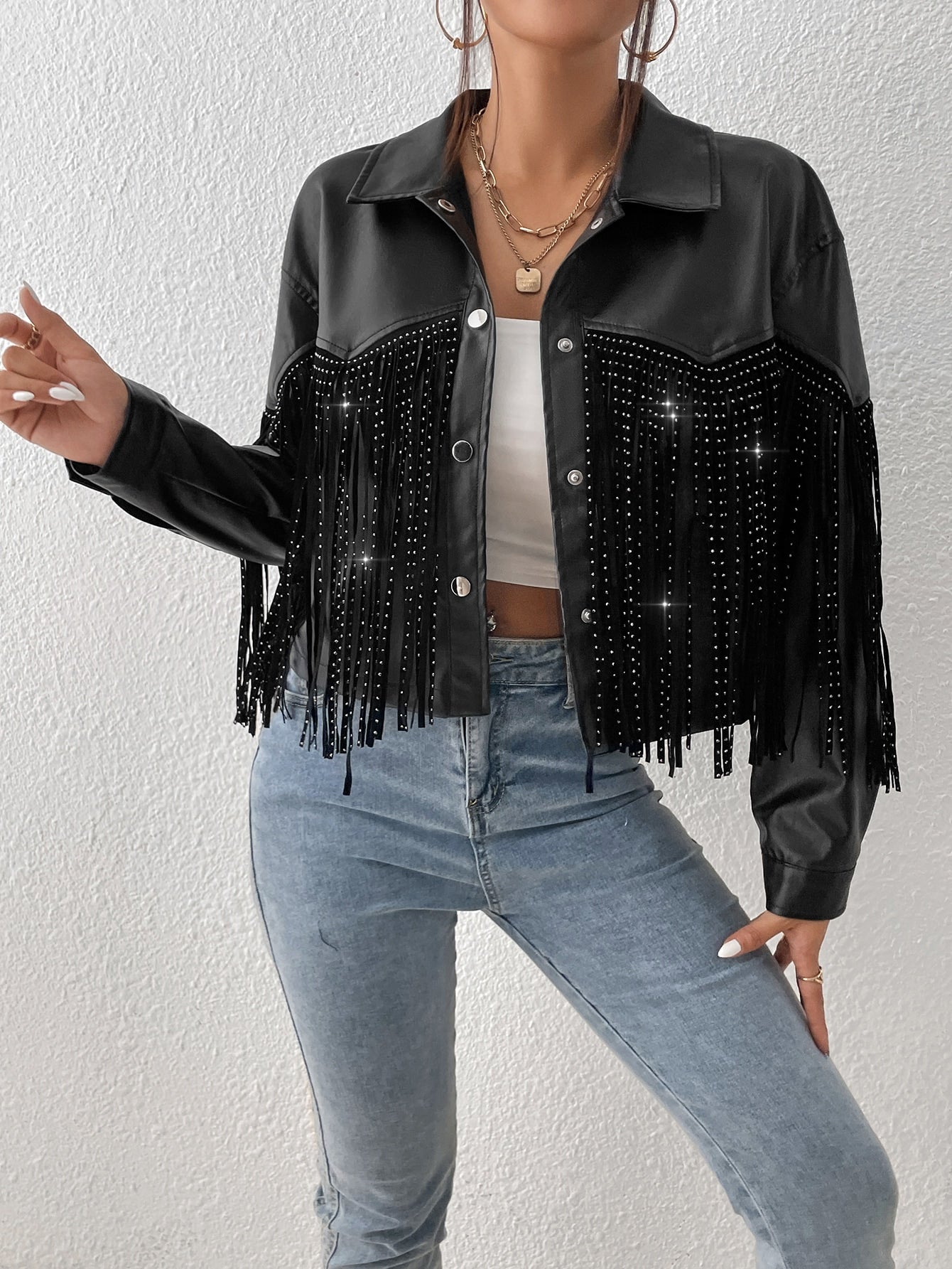 TRENDING Jacke mit Fransen, Drop Shoulder PU Leder