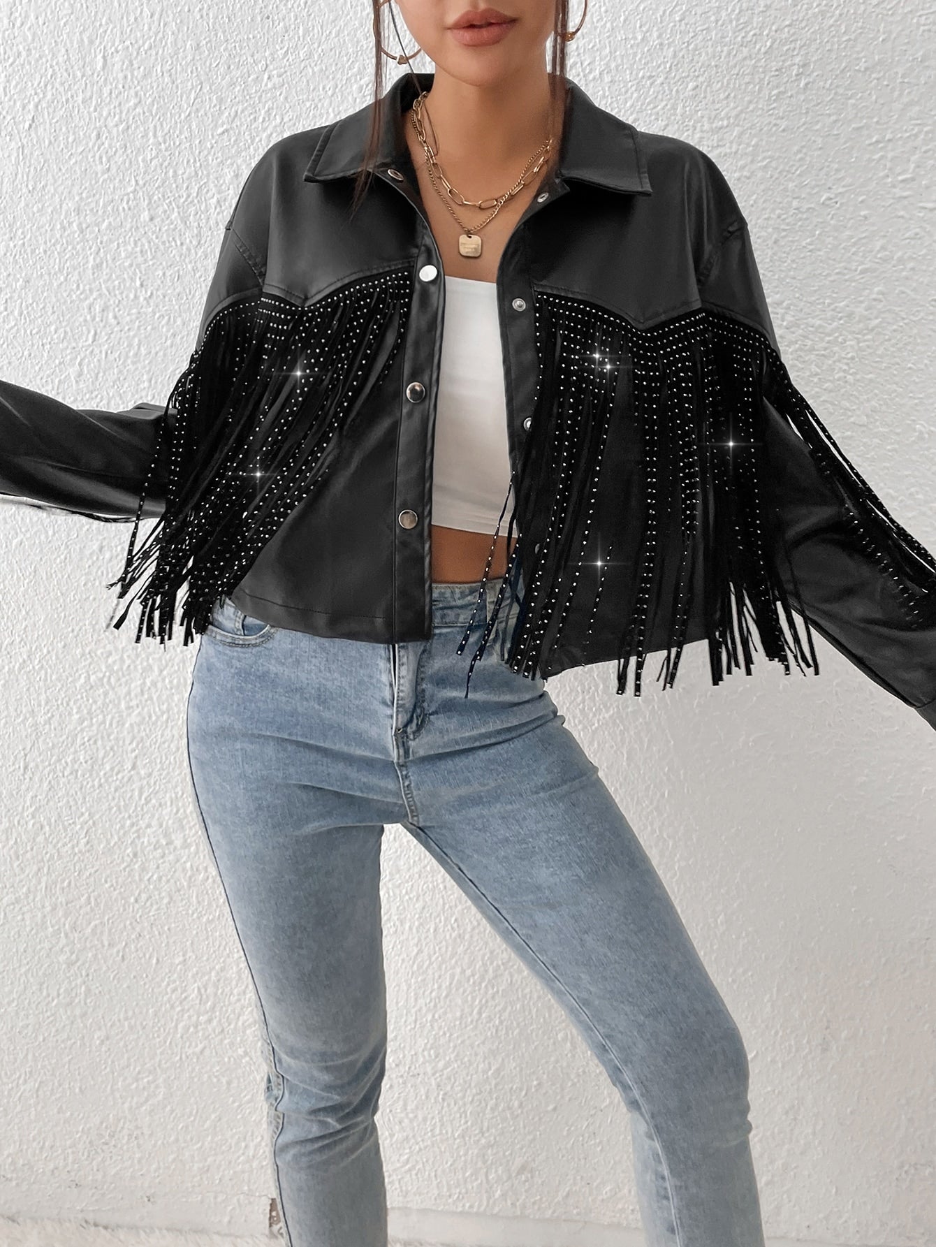 TRENDING Jacke mit Fransen, Drop Shoulder PU Leder