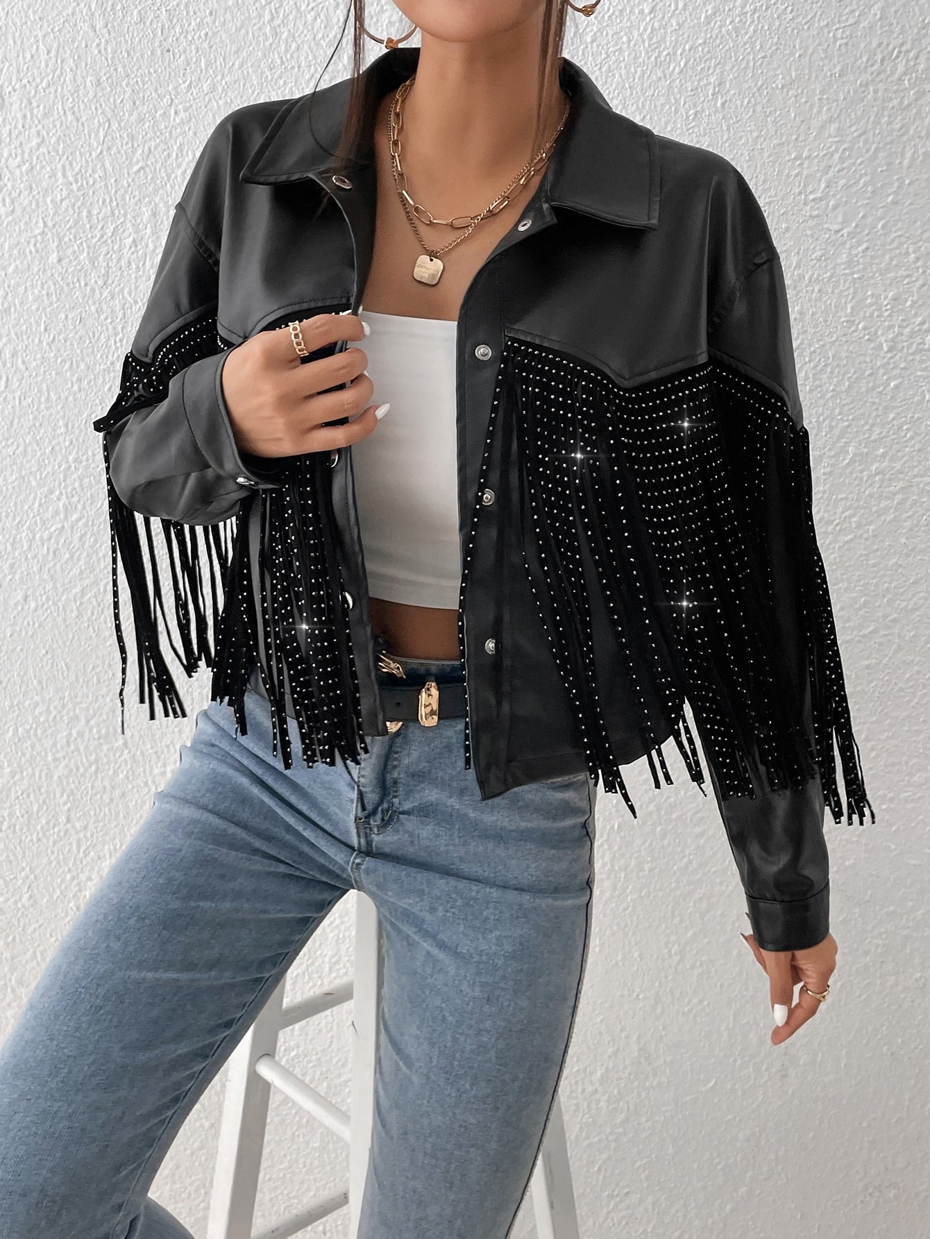 TRENDING Jacke mit Fransen, Drop Shoulder PU Leder