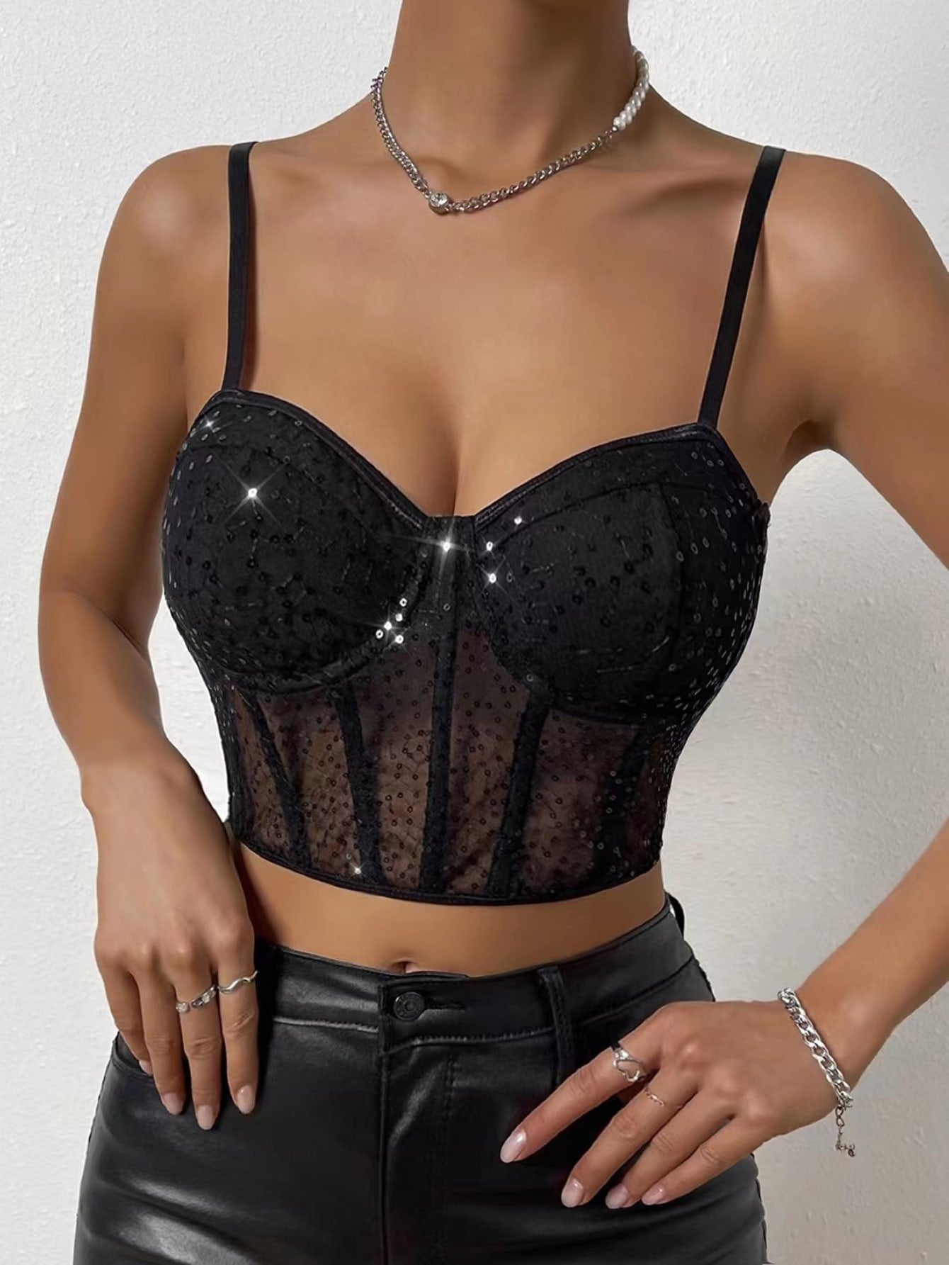 Crop Cami Top mit Paillette, Mesh Vollbusiger