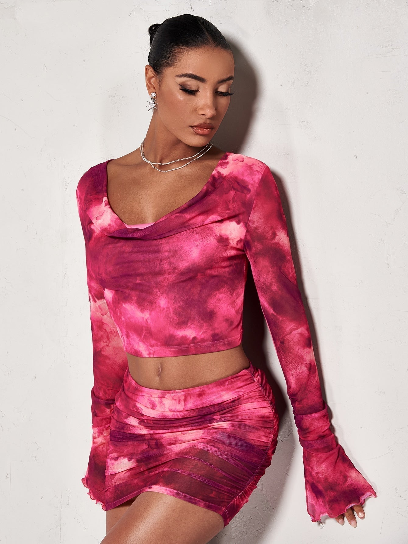 BAE Crop Top mit Batik, Drapiertem Kragen, Volant Ärmeln