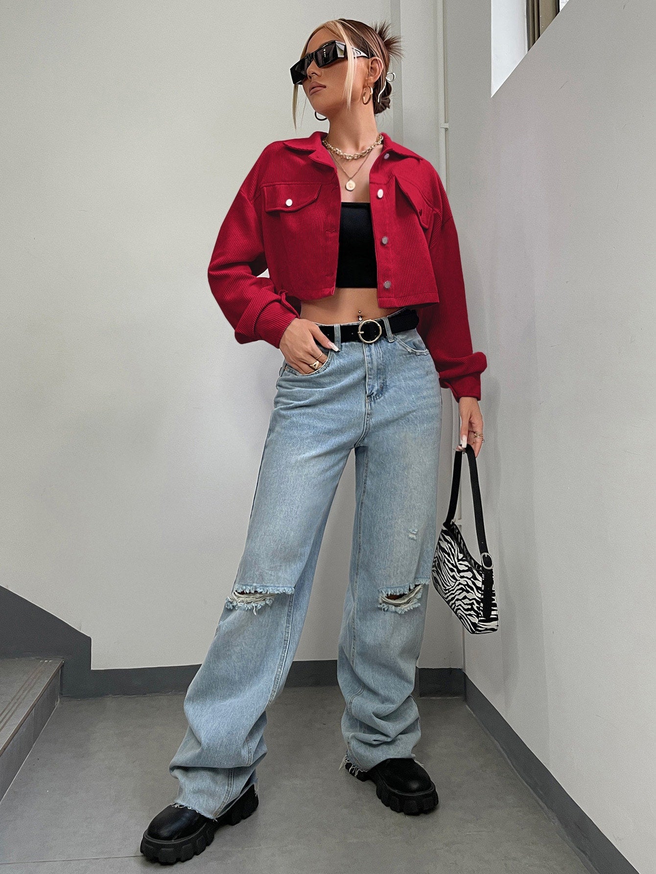 Jacke mit Drop Shoulder Klappe Detail, Crop Kord