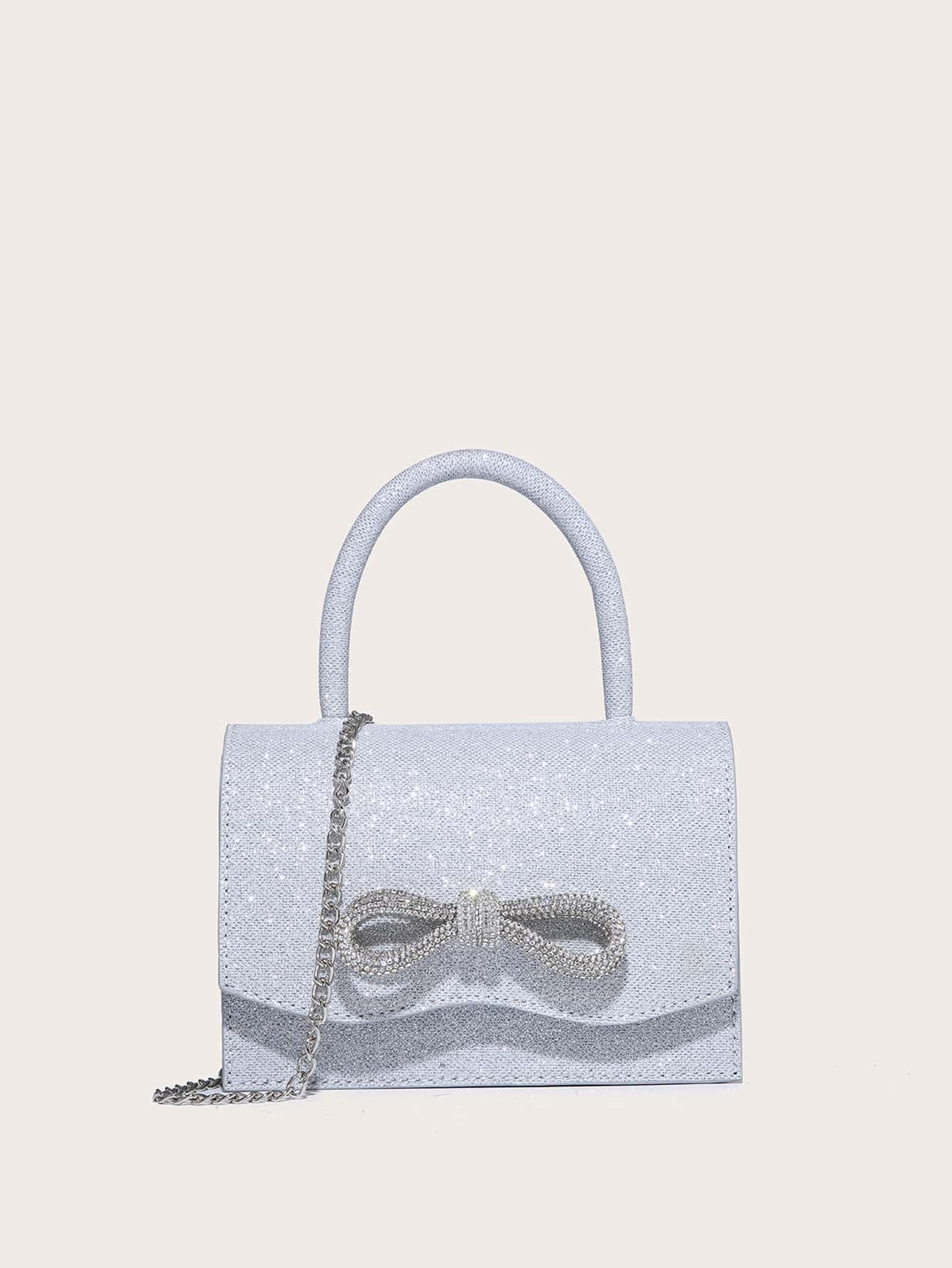 Quadratische Tasche mit Mini Strass, & Schleife Dekor, PU Klappe, für Täglich