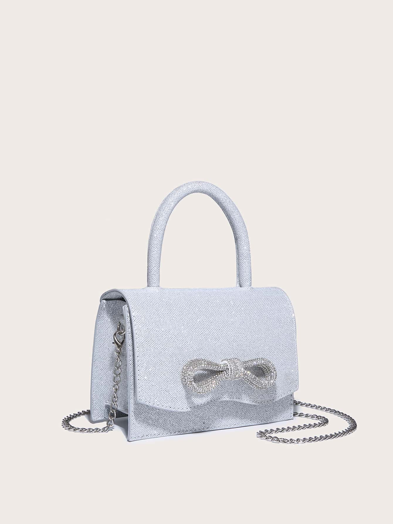Quadratische Tasche mit Mini Strass, & Schleife Dekor, PU Klappe, für Täglich
