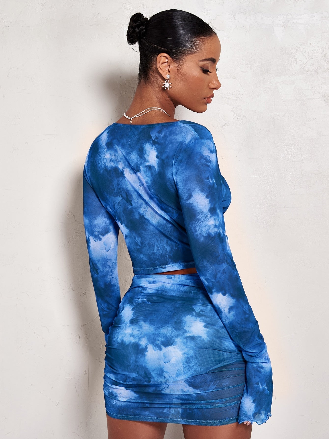 BAE Crop Top mit Batik, Drapiertem Kragen, Volant Ärmeln