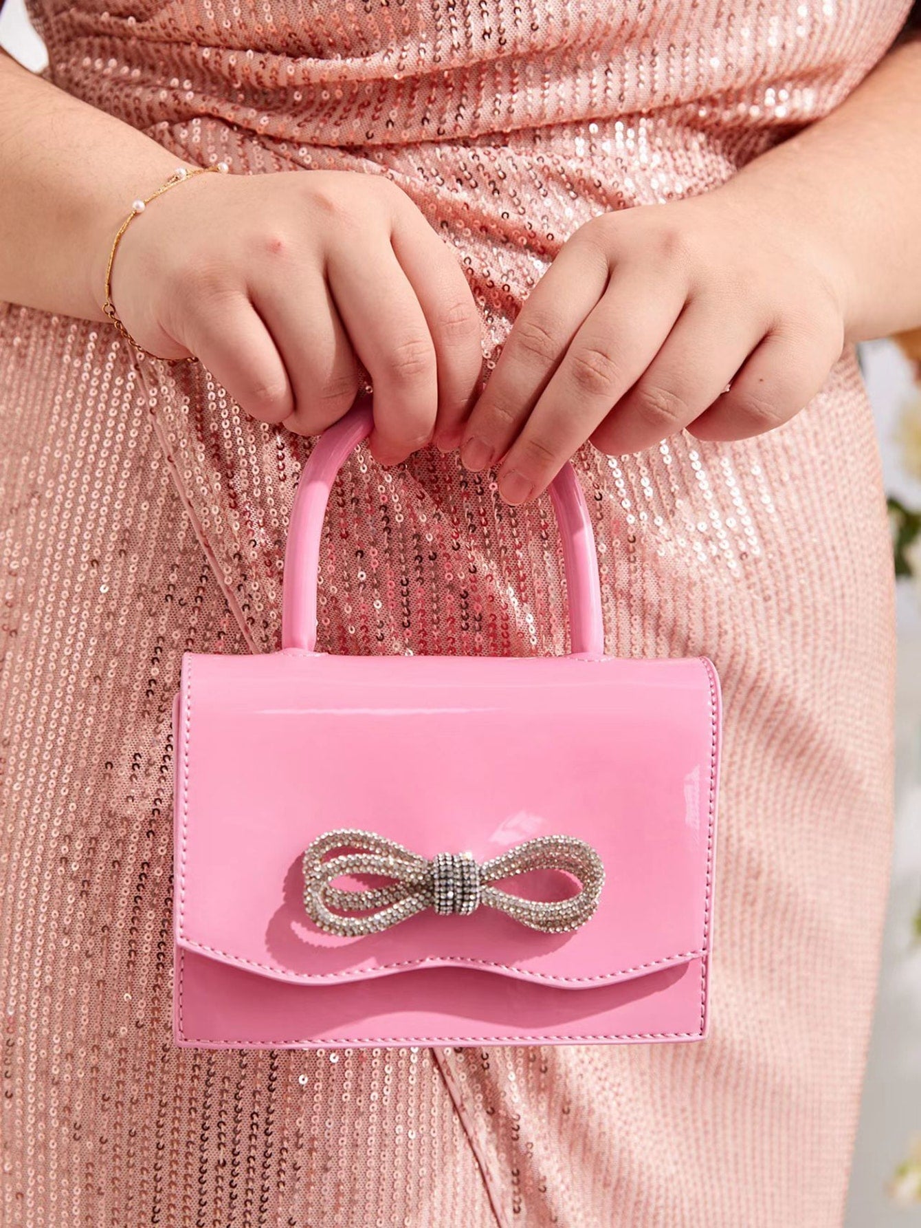 Quadratische Tasche mit Mini Strass, & Schleife Dekor, PU Klappe, für Täglich