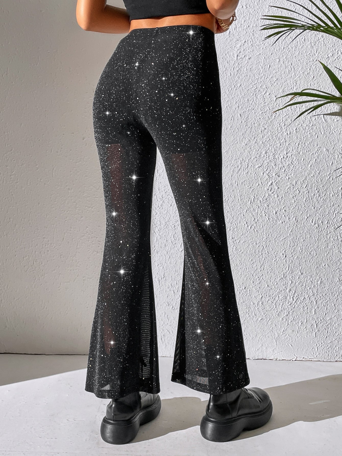 PETITE Schlaghose mit hoher Taille, Glitzer, Mesh