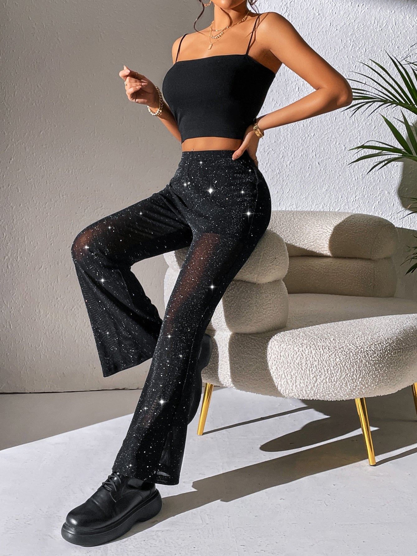 PETITE Schlaghose mit hoher Taille, Glitzer, Mesh