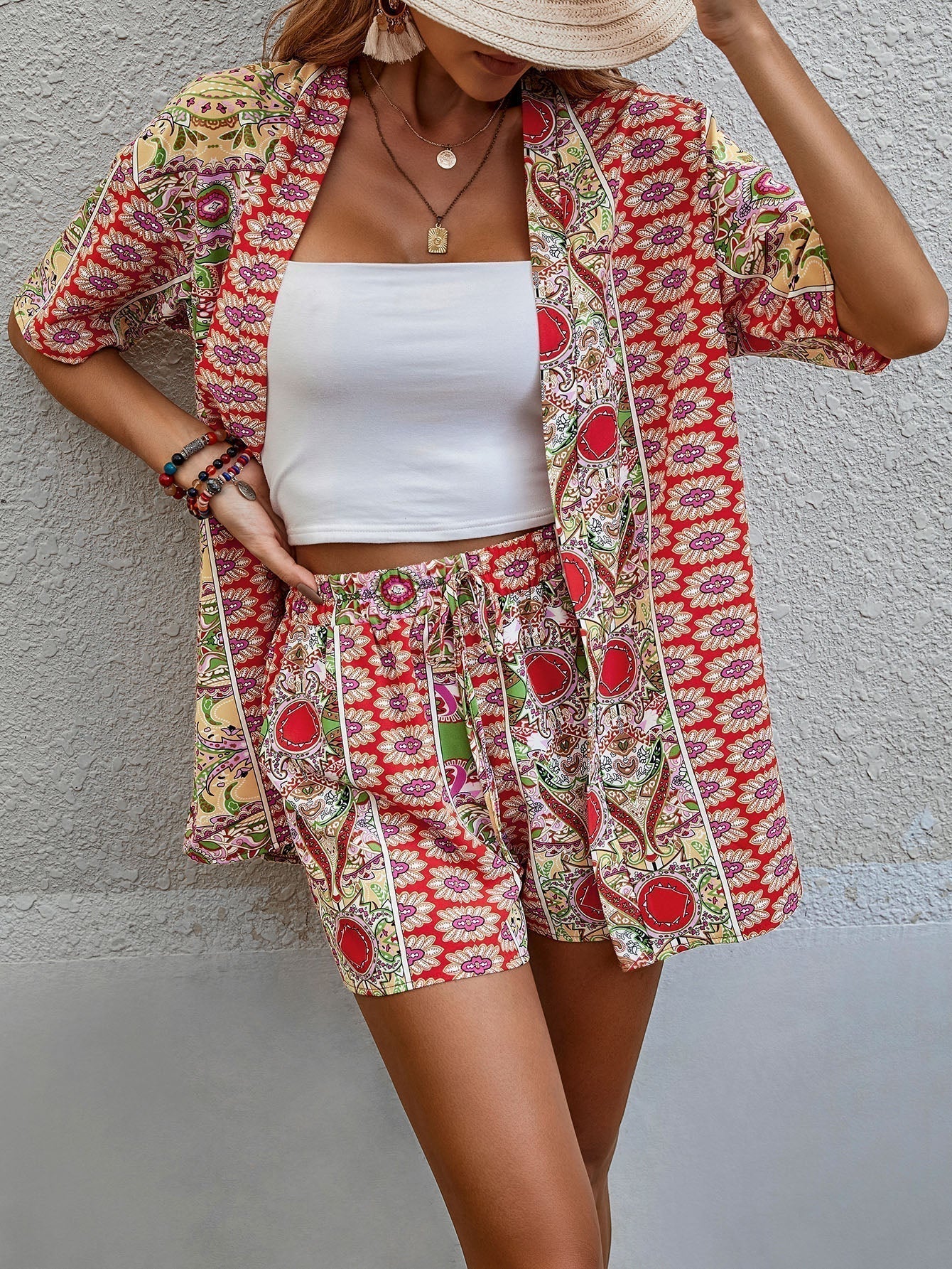 Paisley Muster, offener Front, Kimono & Shorts Set ohne Tube Top