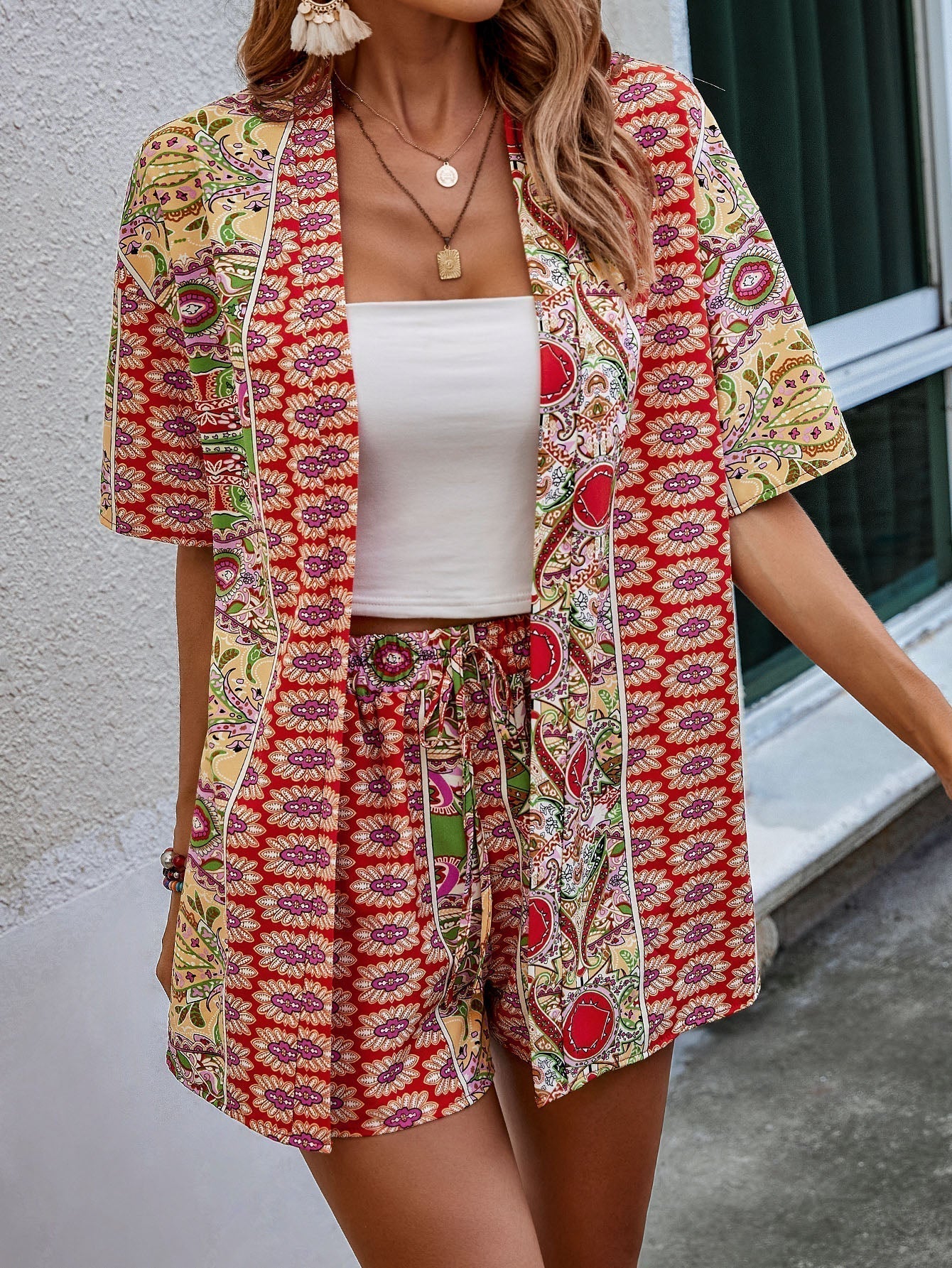 Paisley Muster, offener Front, Kimono & Shorts Set ohne Tube Top