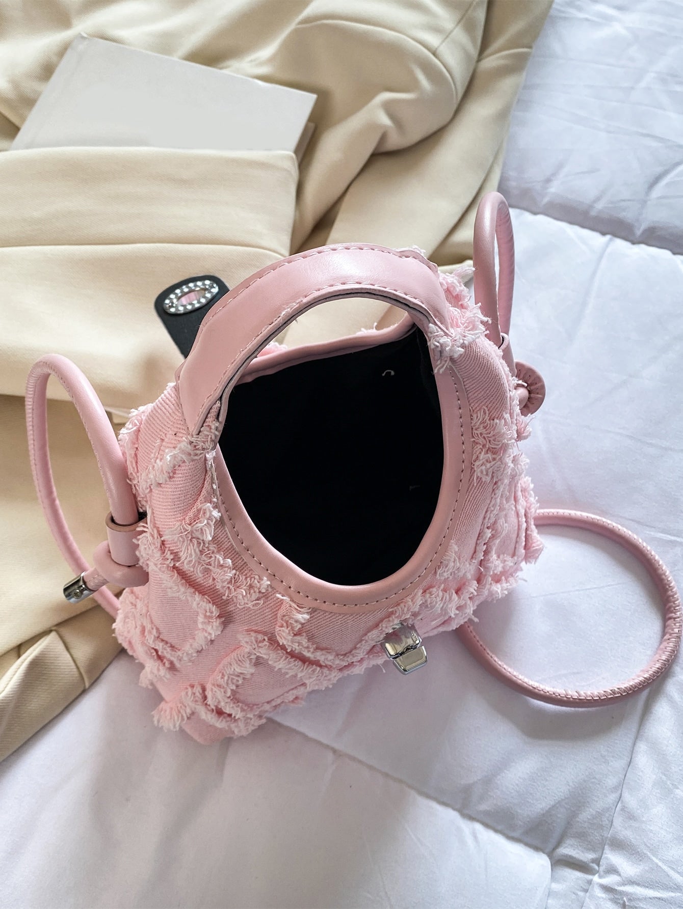 Hobo Tasche mit Mini unbearbeitetem Saum, Drehverschluss