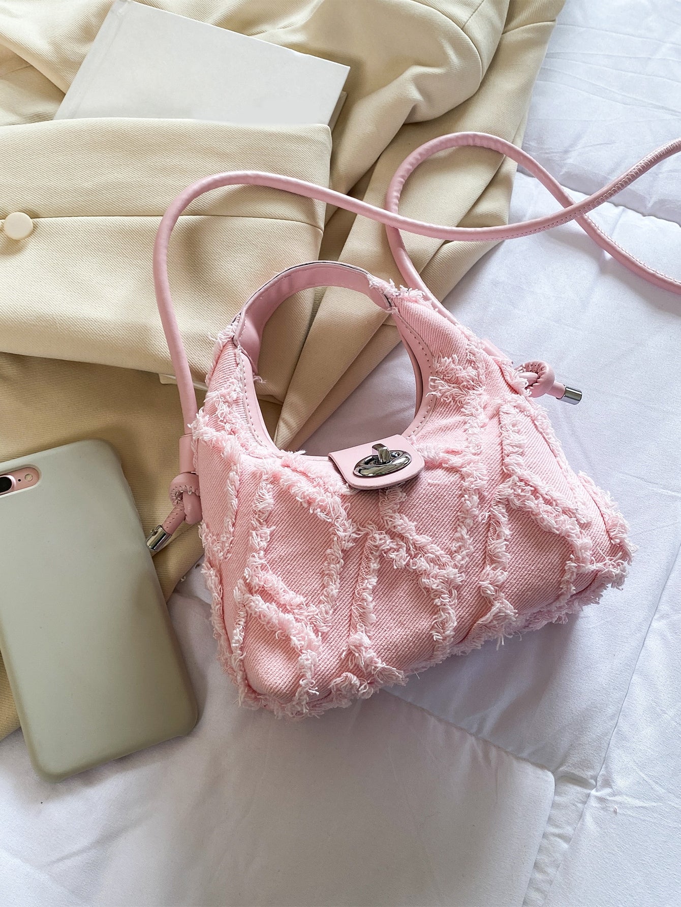 Hobo Tasche mit Mini unbearbeitetem Saum, Drehverschluss