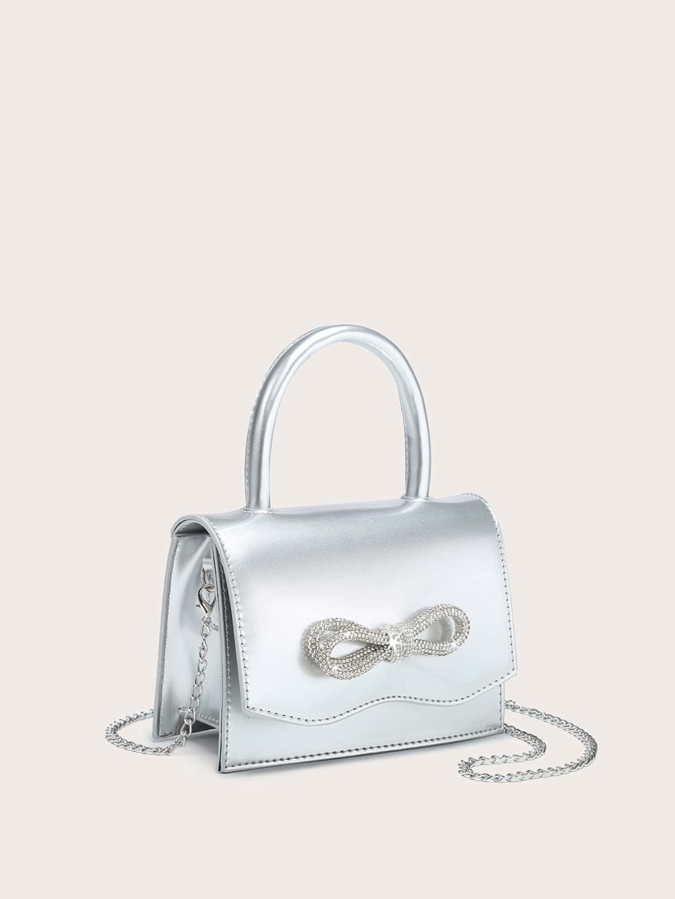 Quadratische Tasche mit Mini Strass, & Schleife Dekor, PU Klappe, für Täglich