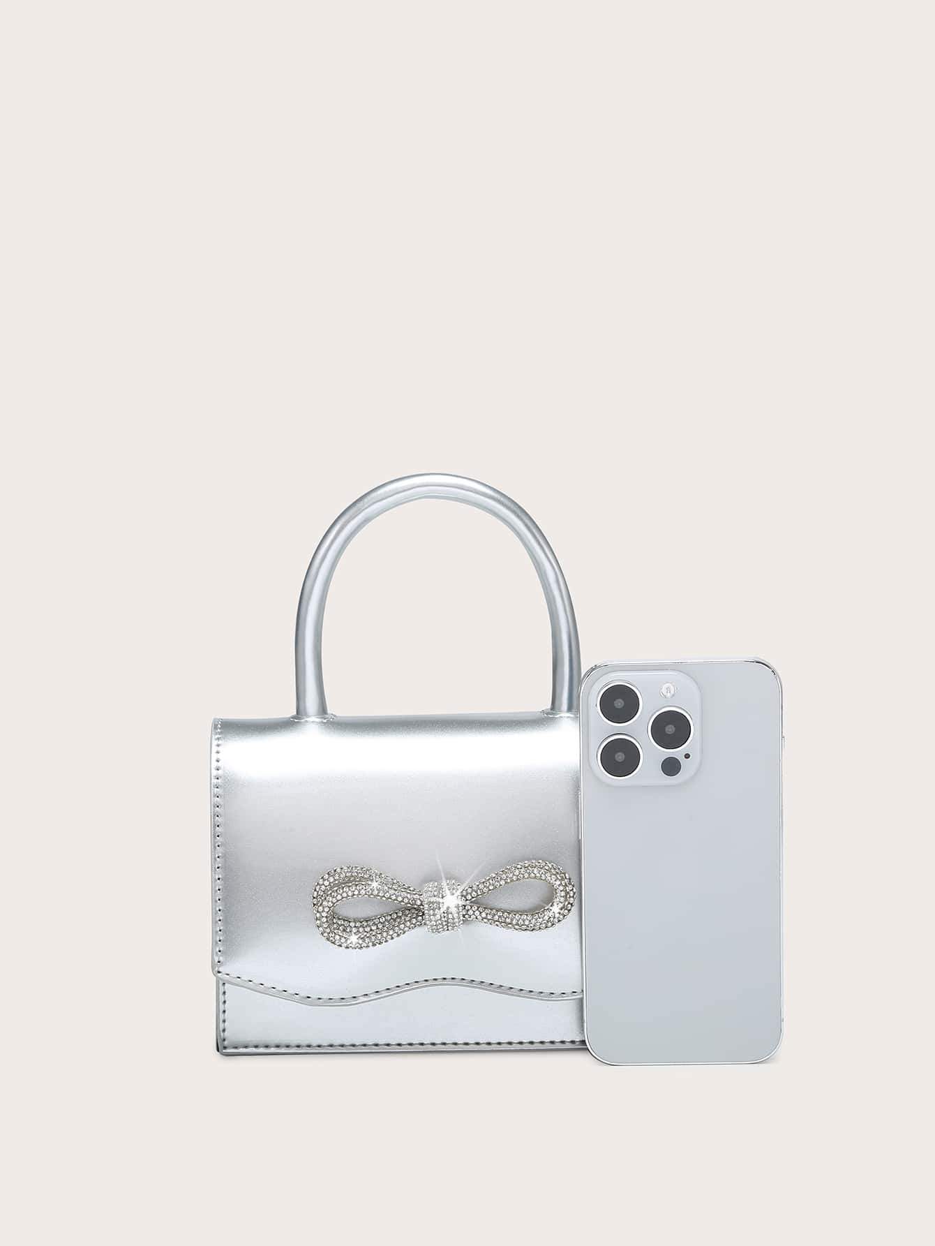 Quadratische Tasche mit Mini Strass, & Schleife Dekor, PU Klappe, für Täglich