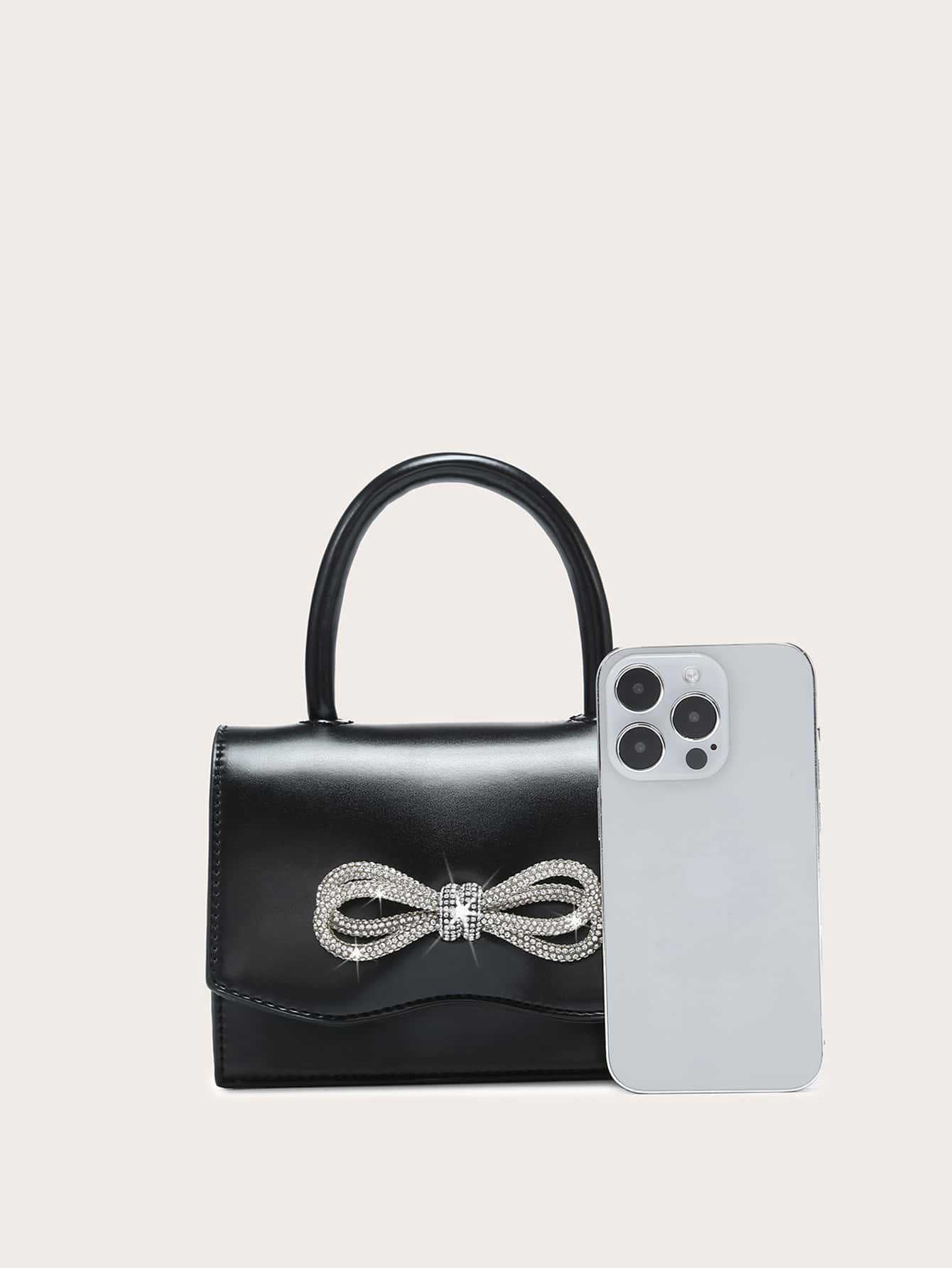 Quadratische Tasche mit Mini Strass, & Schleife Dekor, PU Klappe, für Täglich