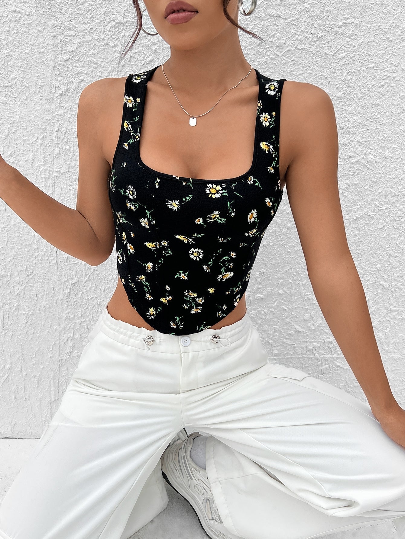 Tank Top mit Pflanze Muster, Wellensaum