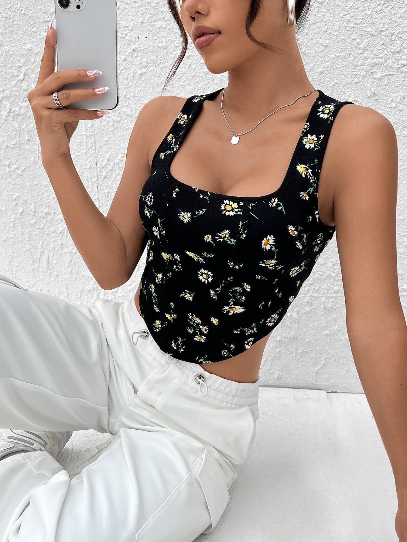 Tank Top mit Pflanze Muster, Wellensaum