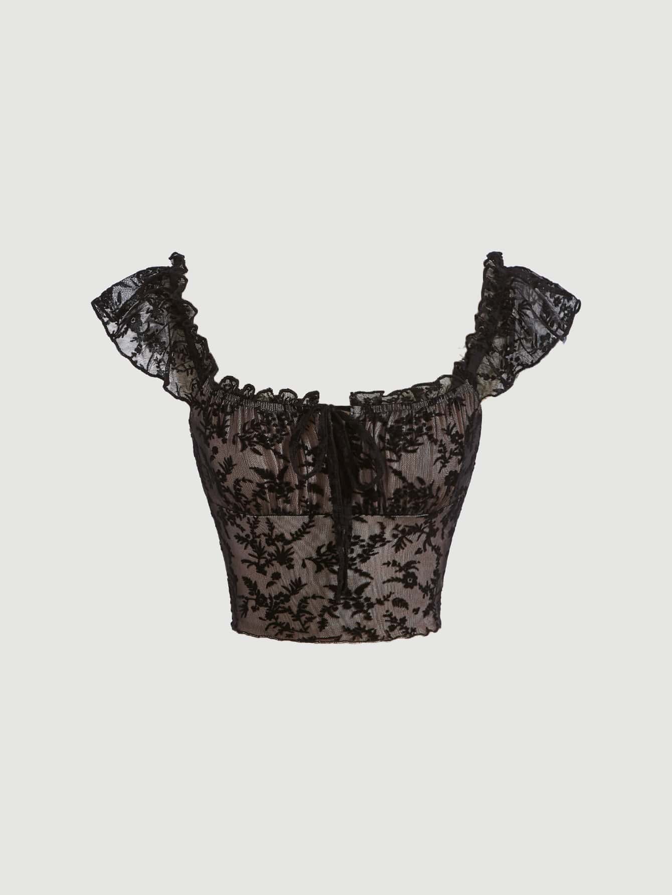 Crop T-Shirt mit Blume Muster, Rüschenbesatz,