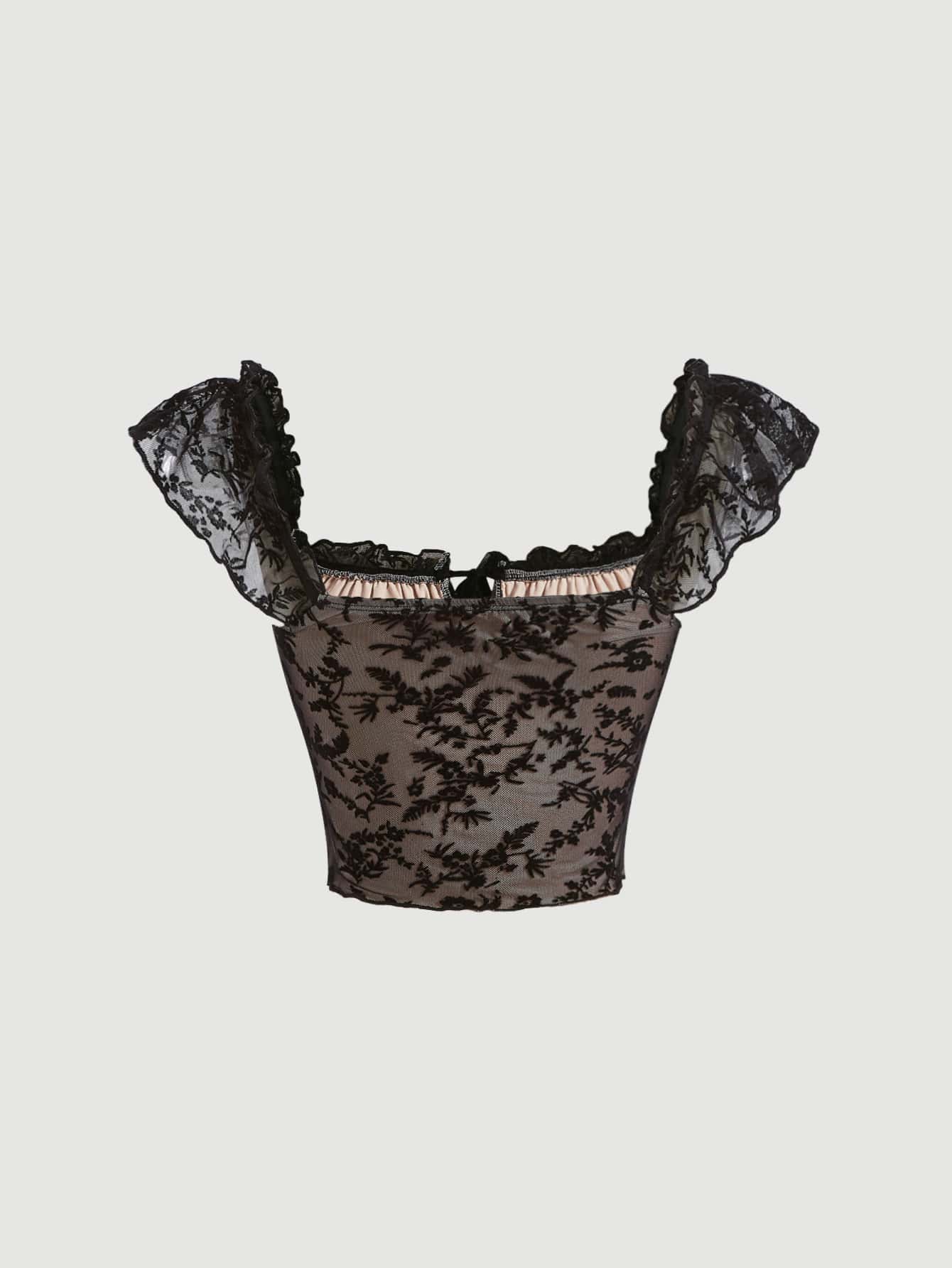 Crop T-Shirt mit Blume Muster, Rüschenbesatz,