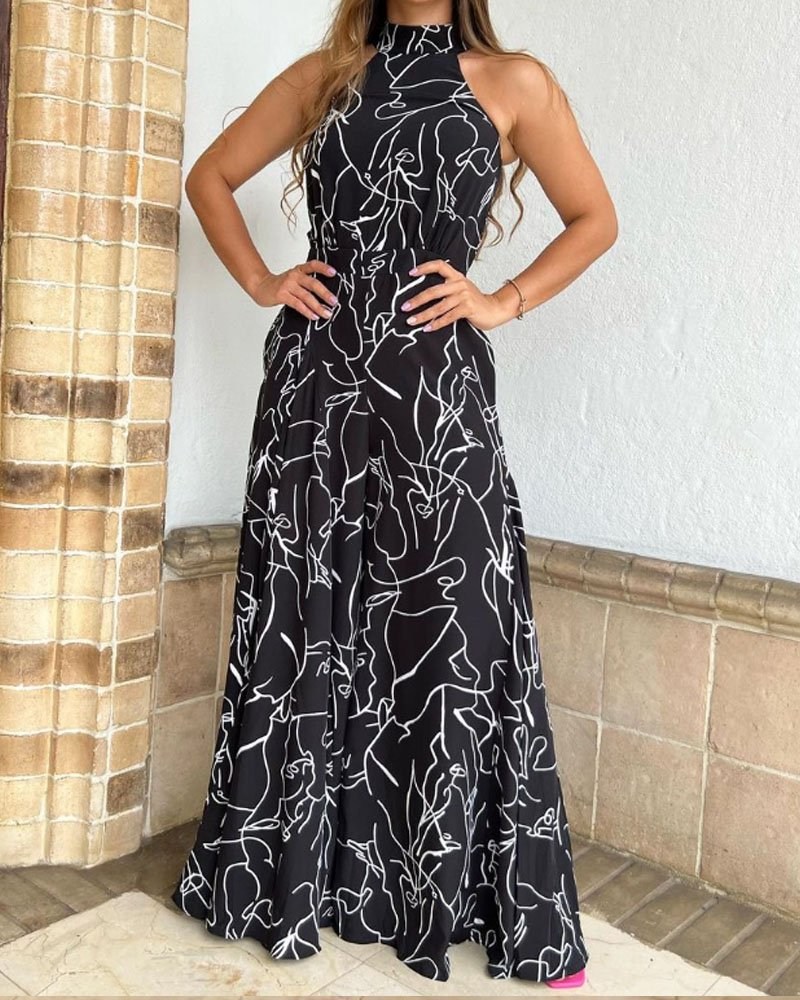 Ärmelloser Kunstdruck-Overall mit Neckholder (60% RABATT)