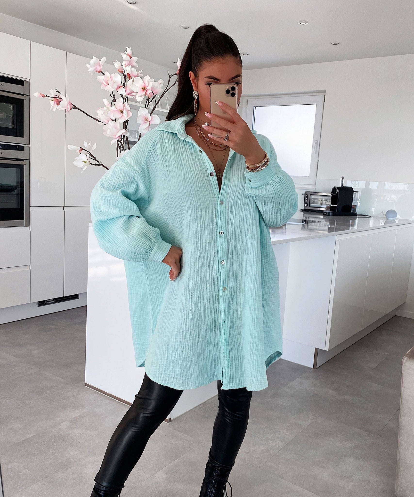 Oversize Musselin Bluse Freya Türkis Lang