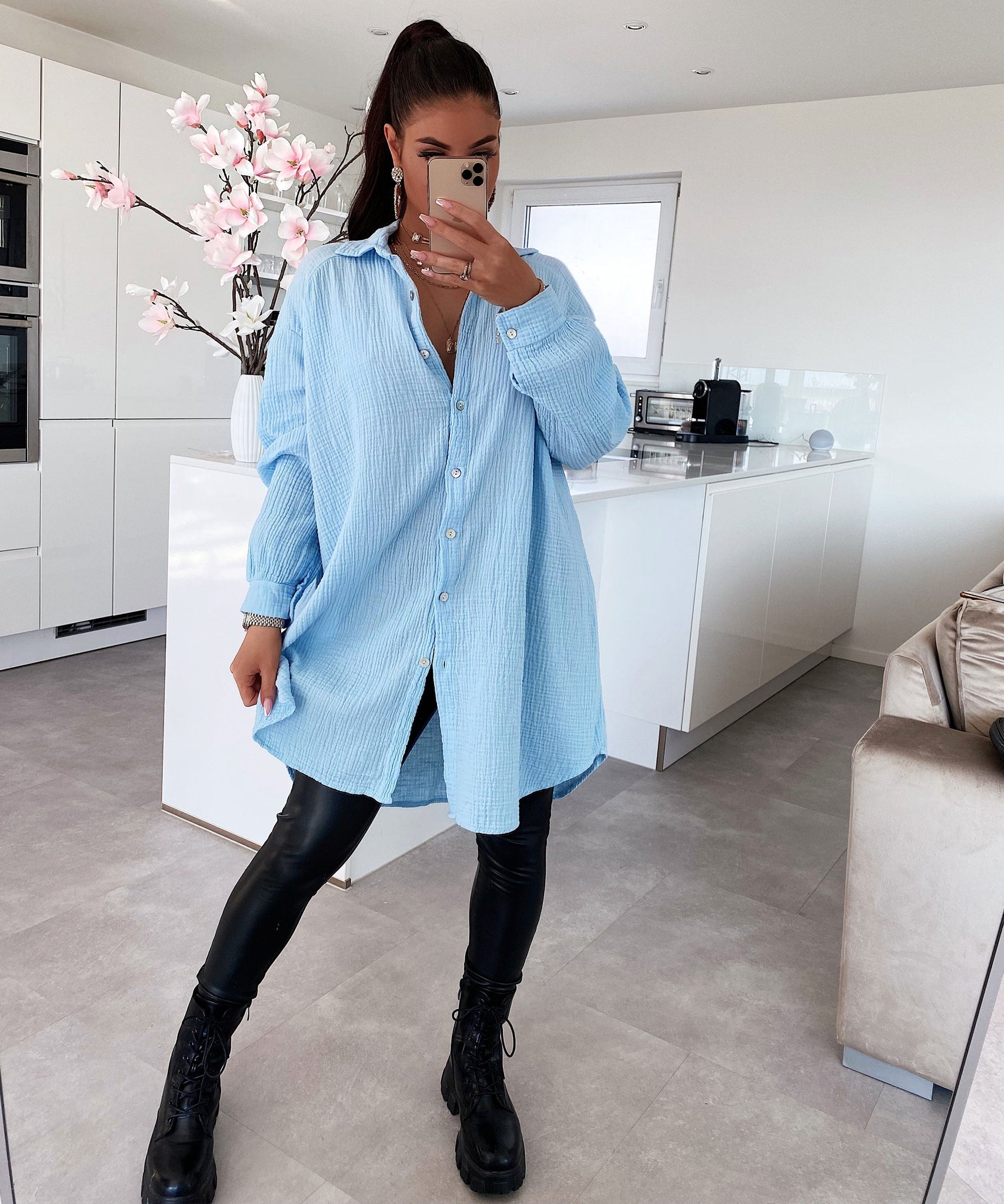 Oversize Musselin Bluse Freya Hellblau Lang