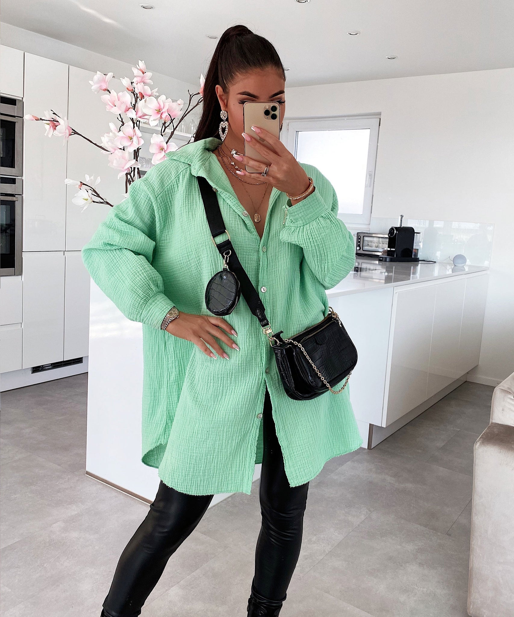 Oversize Musselin Bluse Freya Grün Lang