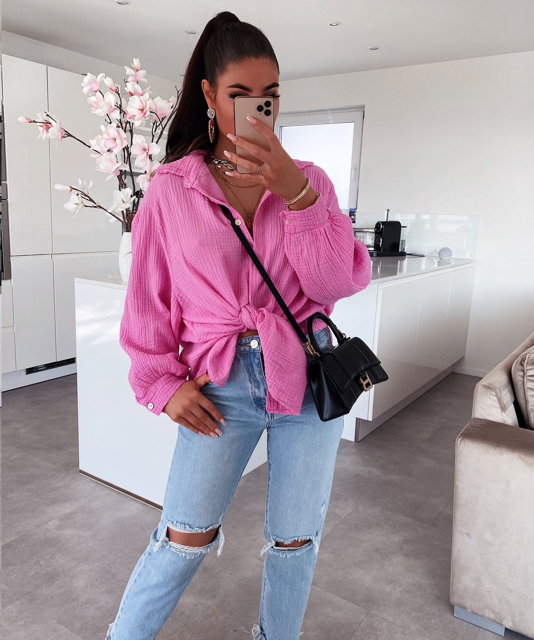 Oversize Musselin Bluse Freya Hellpink Kurz