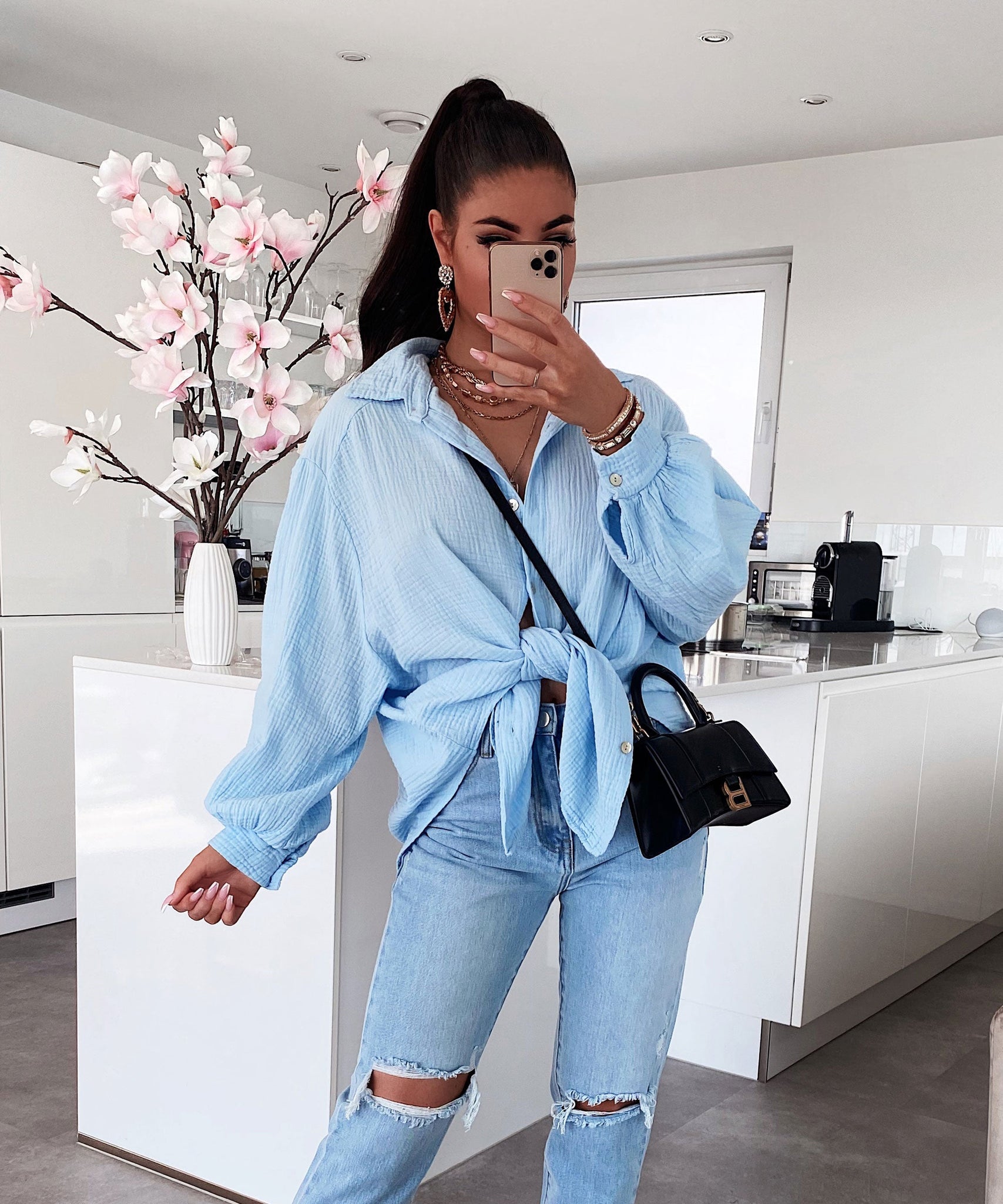 Oversize Musselin Bluse Freya Hellblau Kurz