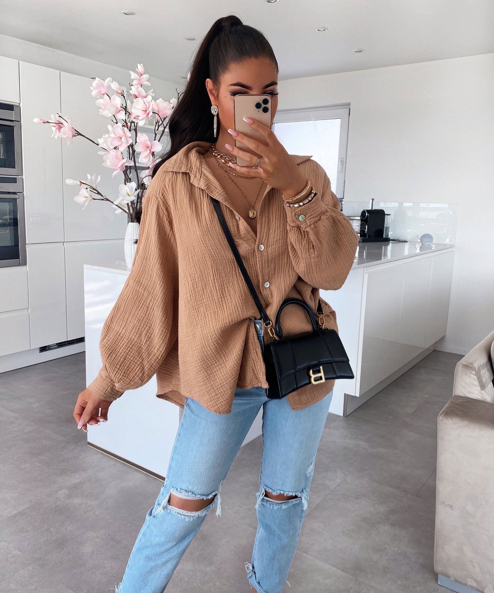 Oversize Musselin Bluse Freya Camel Kurz