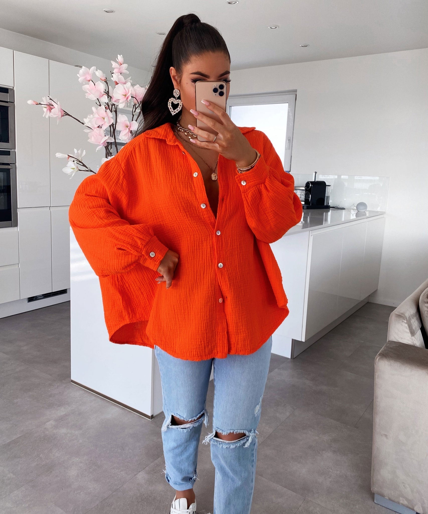 Oversize Musselin Bluse Freya Orange Kurz
