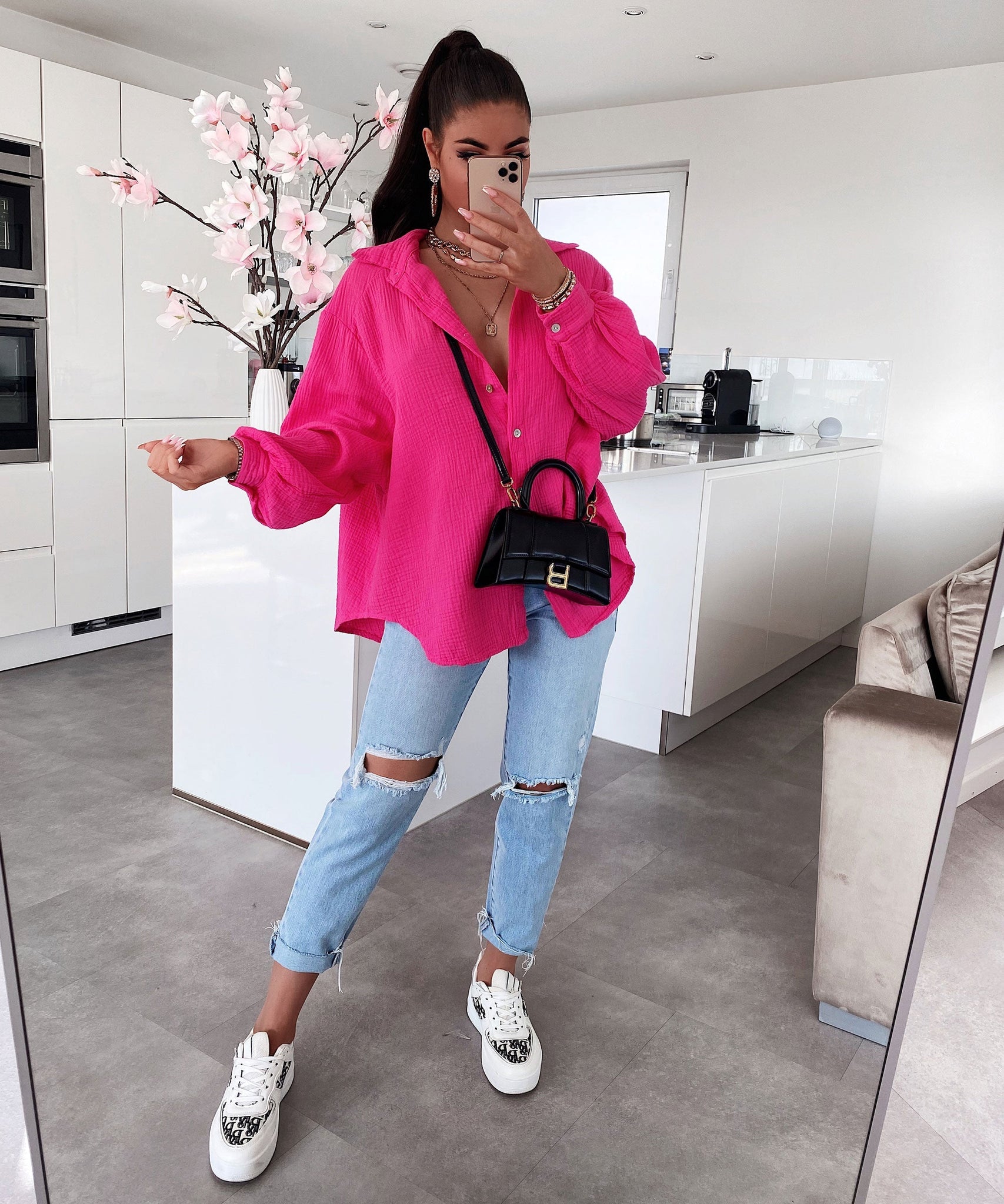 Oversize Musselin Bluse Freya Fuchsia Pink Kurz