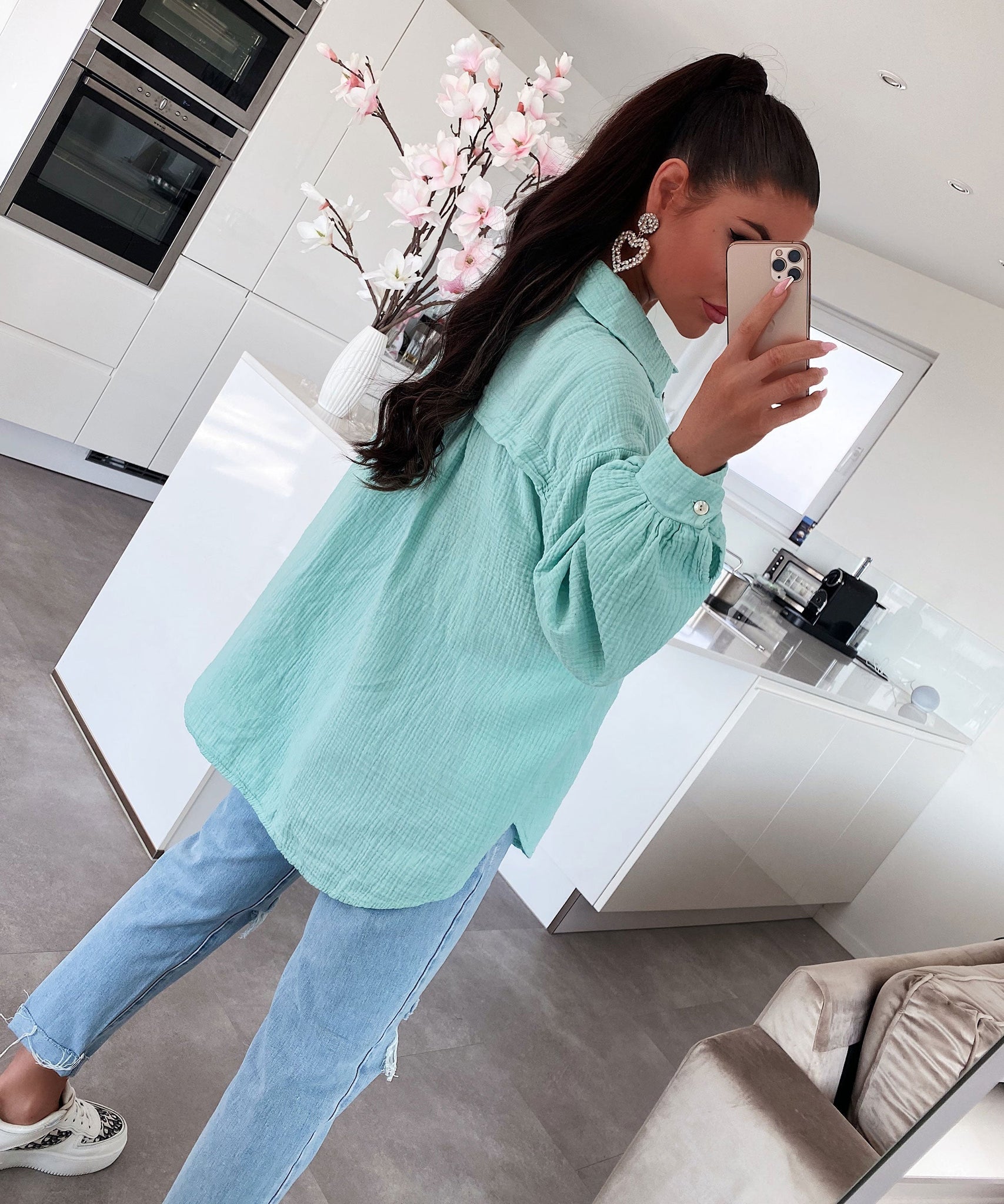 Oversize Musselin Bluse Freya Türkis Kurz