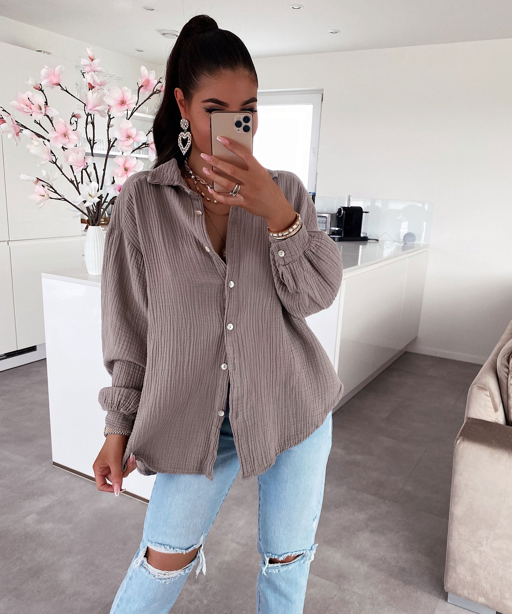 Oversize Musselin Bluse Freya Taupe Kurz